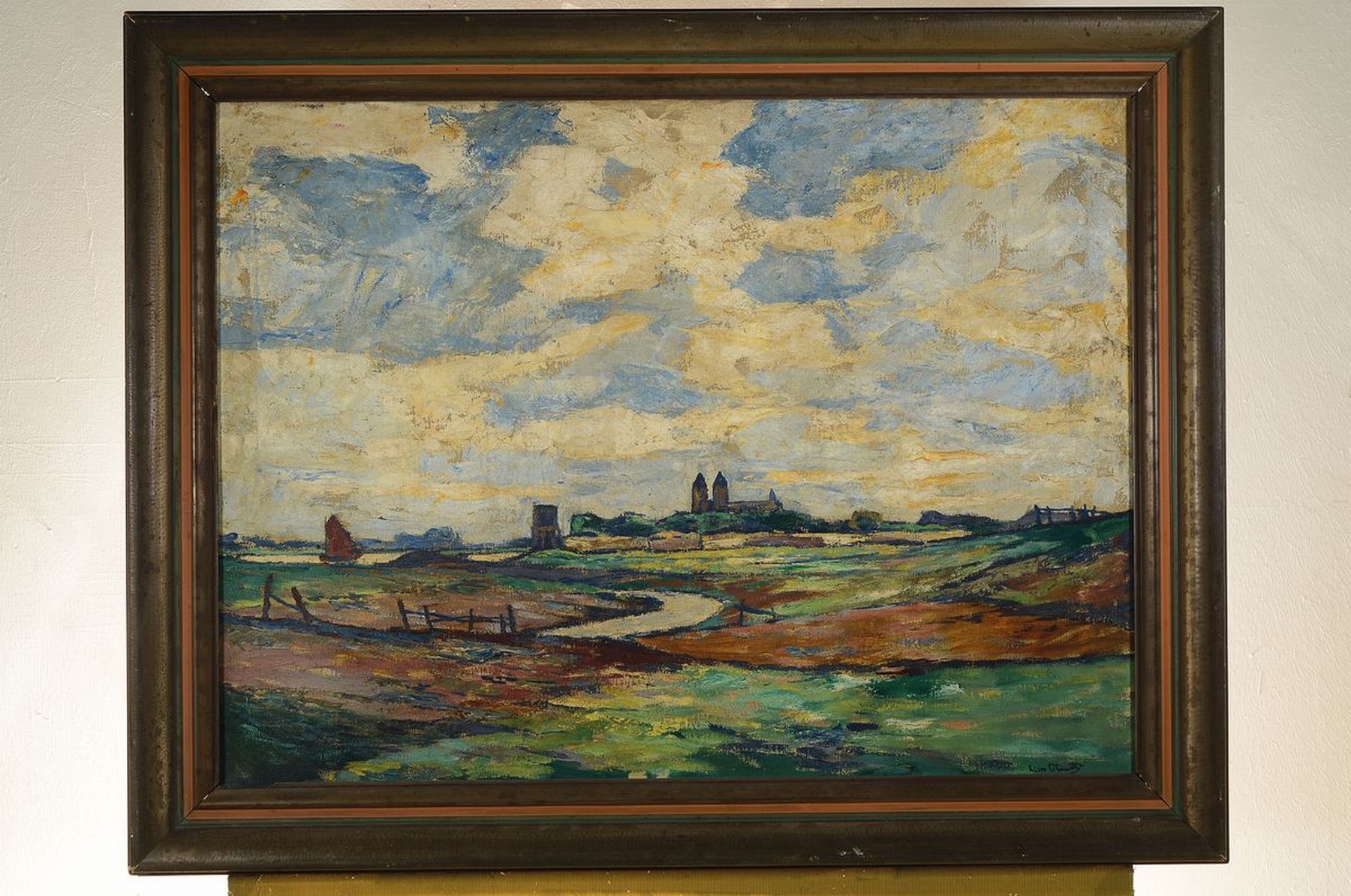 Detail k: Wilhelm Schmetz, 1890 Düsseldorf-1938 Aachen, Studium an der Akademie Düsseldorf, hier: Blick auf Kaiserswerth, Öl/Lwd, rechts unten signiert, ca. ...
