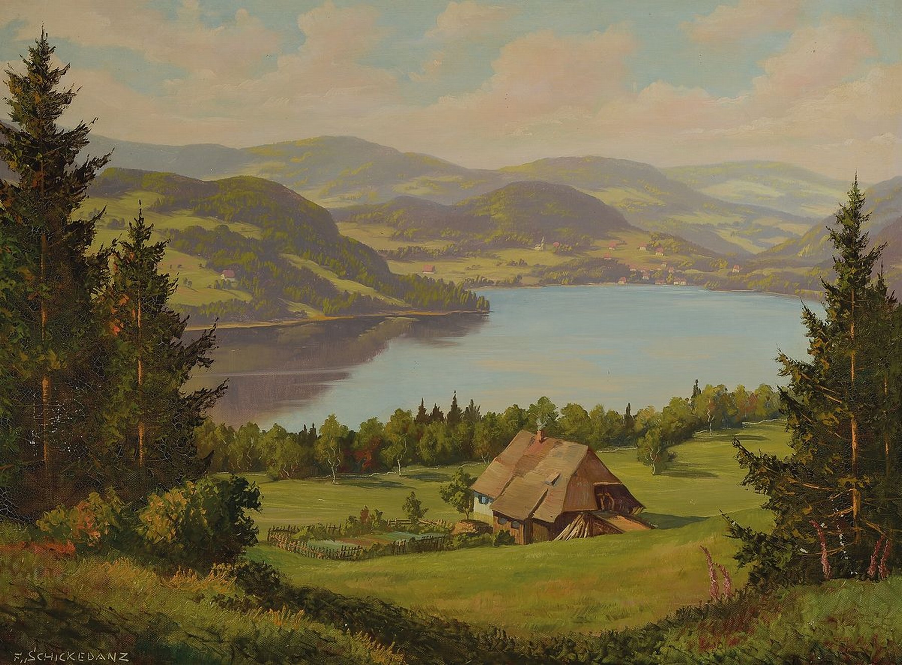 Fritz Schickedanz, 1915 Frankfurt-1972 Karlsruhe, Studium an der Akademie Karlsruhe, bekannter Schwarzwaldmaler, hier: Titisee mit Seehäusl, ...