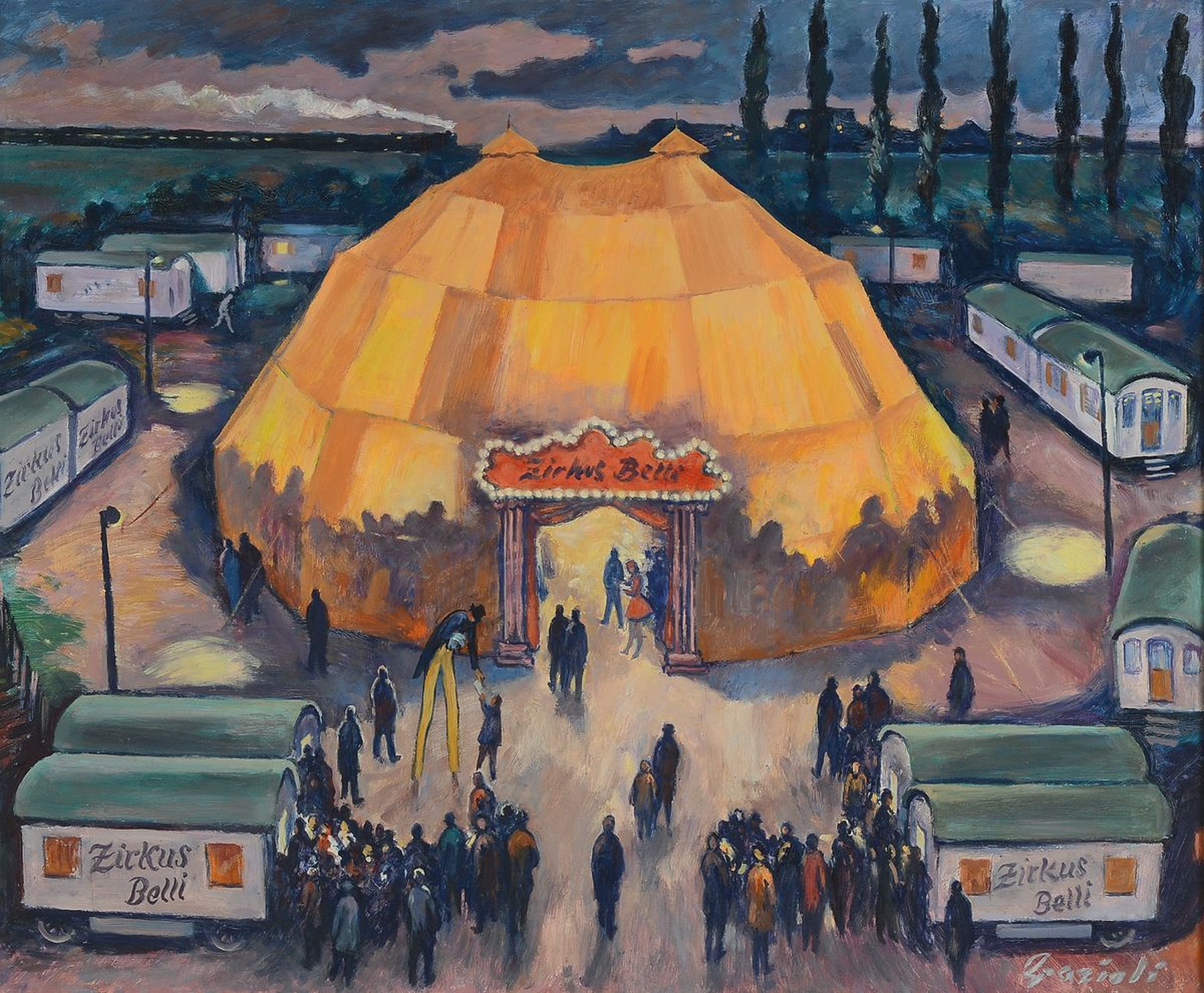 Edwin Grazioli, 1914-1986, Zirkus Belli, Öl/Holz, rechts unten signiert, ca. 59x71cm, R. ca. 62x74cm