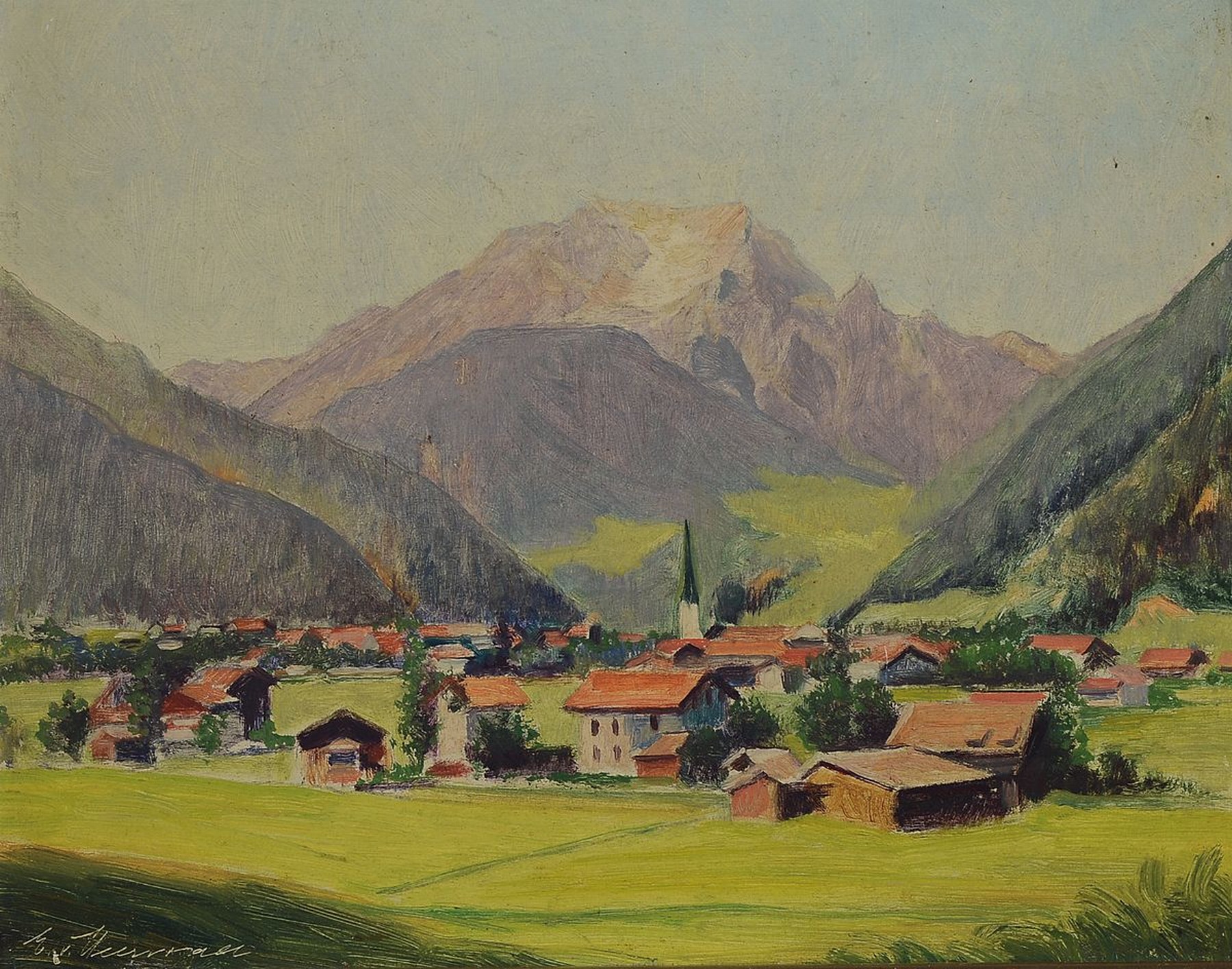 E. von Harrach, Malerei aus den 1930er Jahren, Blick auf Mayrhofen im Zillertal, Öl/Malkarton, links unten signiert, ca. 20x25cm, R. ca. 28x34cm
