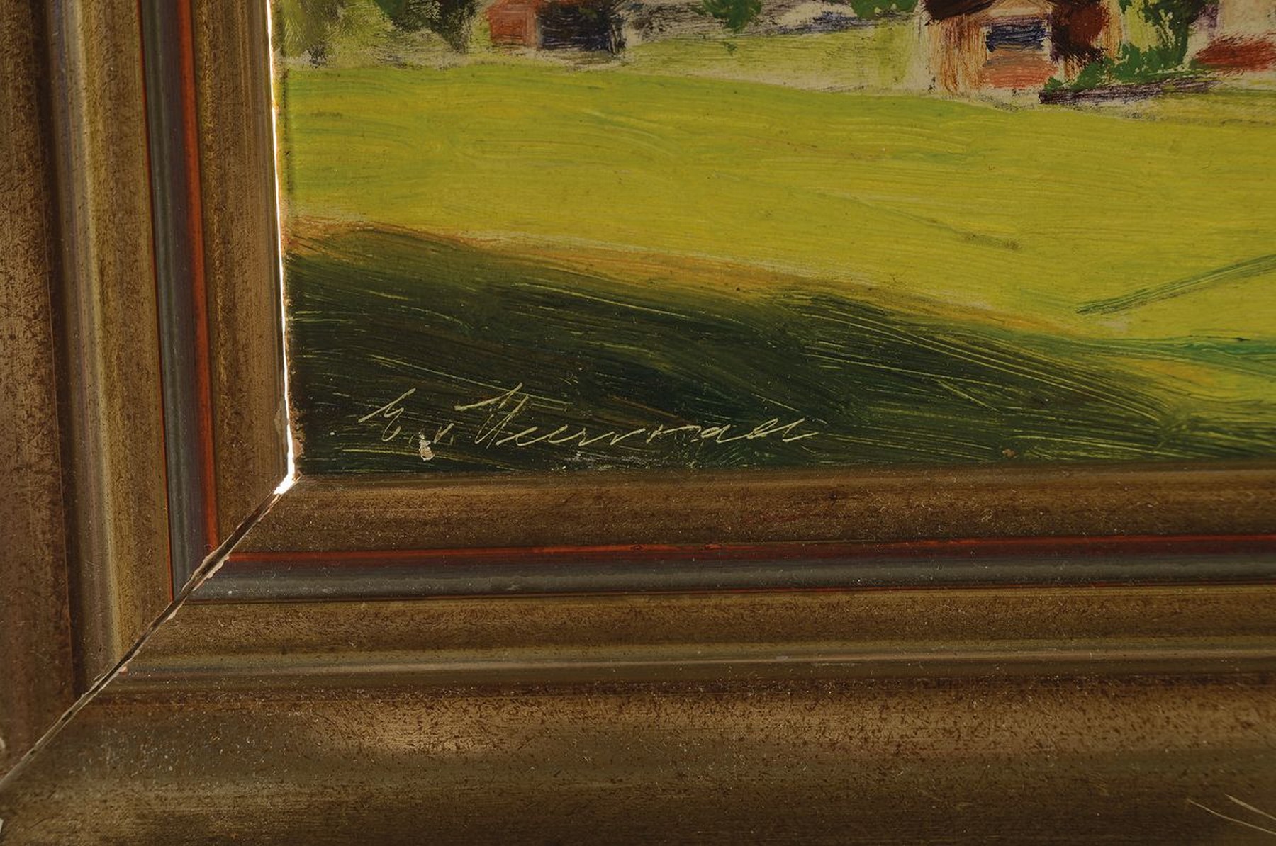 Detail a: E. von Harrach, Malerei aus den 1930er Jahren, Blick auf Mayrhofen im Zillertal, Öl/Malkarton, links unten signiert, ca. 20x25cm, R. ca. 28x34cm