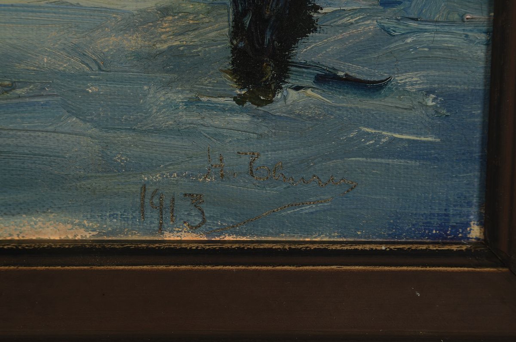 Detail a: Unbekannter Künstler, datiert 1913, Szene aus Dixmuide, Öl/Lwd, rechts unten unleserlich signiert und dat., ca. 47x37cm, R. ca. 51x41cm