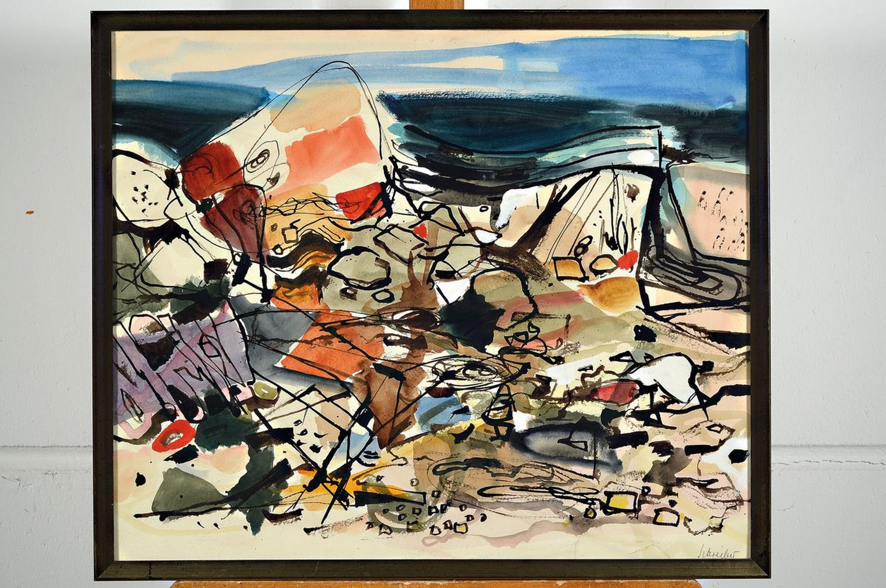 Detail k: Richard Schreiber, 1904-1963 Düsseldorf, Landschaft, Tusche und Aquarell, rechts unten signiert, ca. 49x59cm, u.Gl., R. ca. 53x63cm signiert, ca. ...
