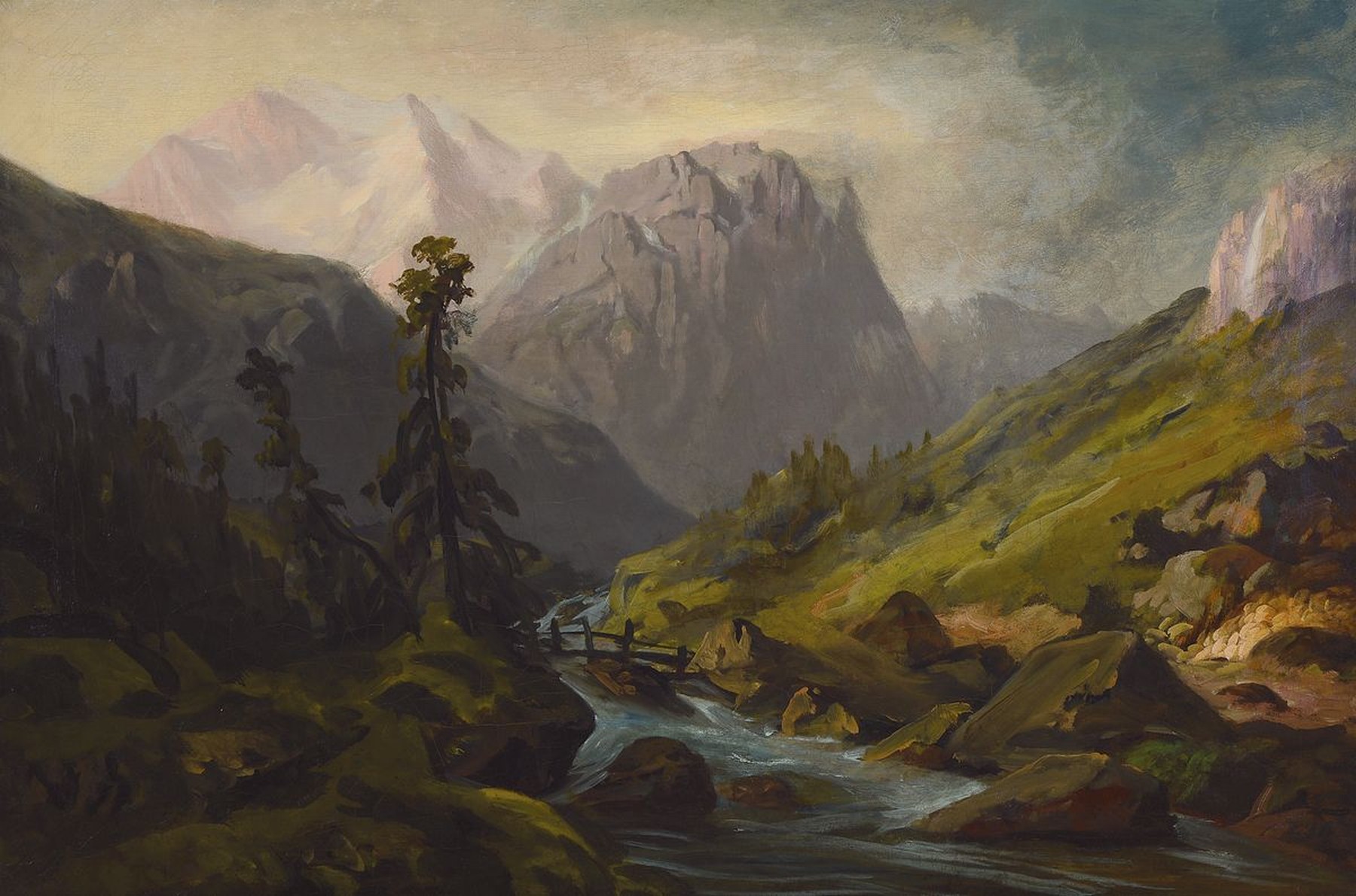 Unbekannter Künstler, Schweiz oder Deutschland, um 1870, Landschaft im Hochgebirge mit Holzbrücke über einem Bach, Öl/Lwd, rest., doubl., ca. ...