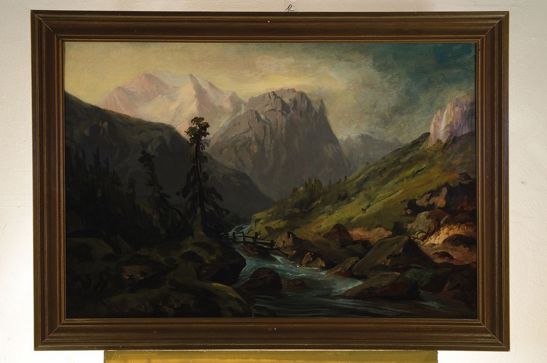 Detail k: Unbekannter Künstler, Schweiz oder Deutschland, um 1870, Landschaft im Hochgebirge mit Holzbrücke über einem Bach, Öl/Lwd, rest., doubl., ca. ...