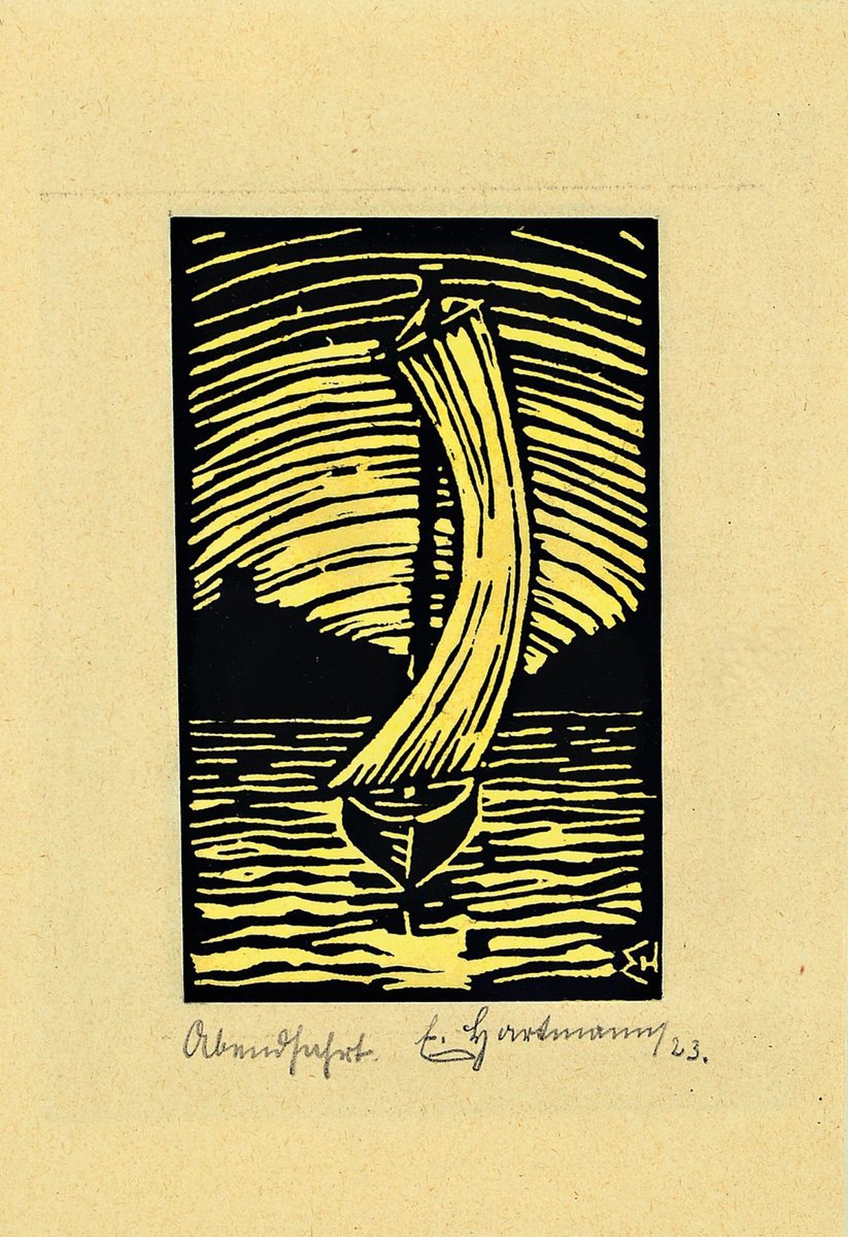Erich Hartmann,, 1886 Elberfeld-1974 Hamburg , Segelboot, Holzschnitt, signiert und bezeichnet Abendfahrt, dat. 23, ca. 10 x 6.2 cm/Blattmaß: 16.5 x ...