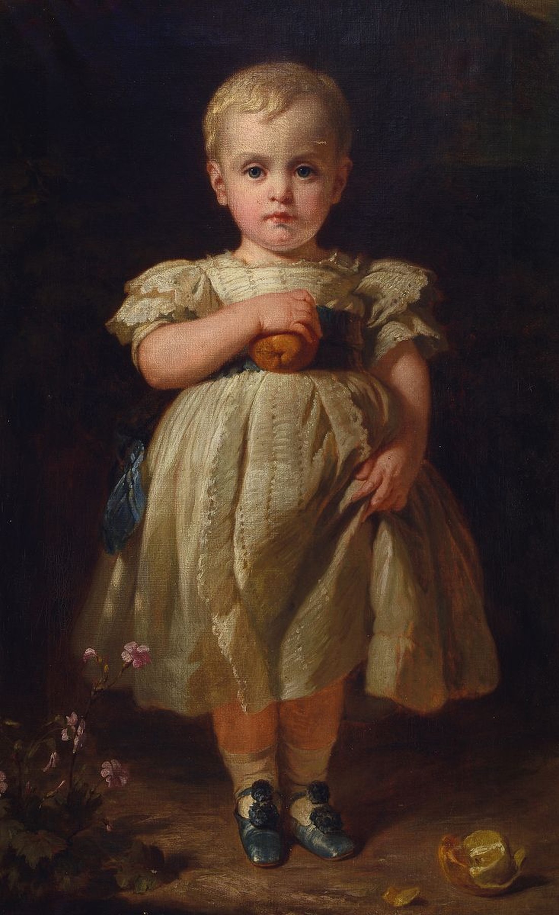 Unbekannter Künstler, deutsch, um 1870, Ganzporträt eines Kindes, Öl/Lwd, feine lasierende Malerei mit gekonntem Inkarnat und Stofflichkeit, ...