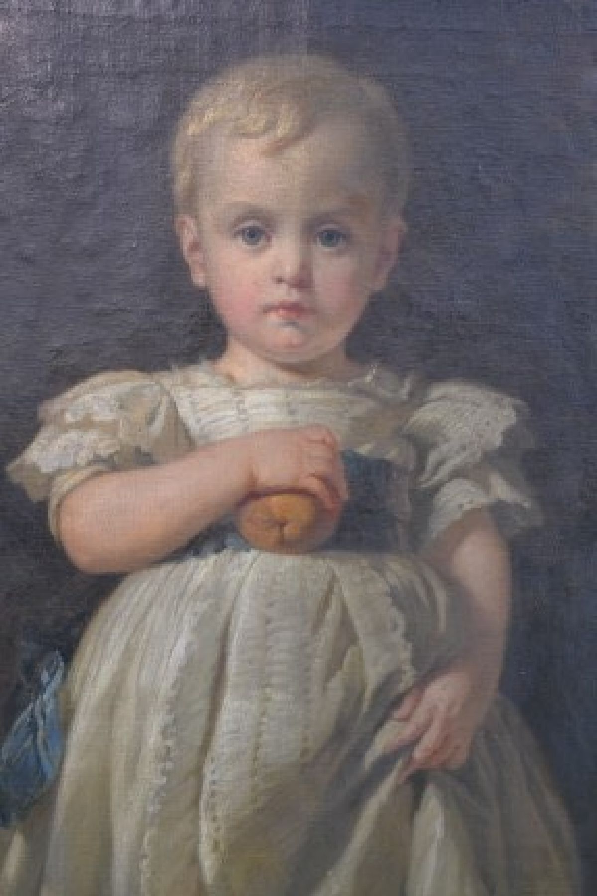 Detail c: Unbekannter Künstler, deutsch, um 1870, Ganzporträt eines Kindes, Öl/Lwd, feine lasierende Malerei mit gekonntem Inkarnat und Stofflichkeit, ...