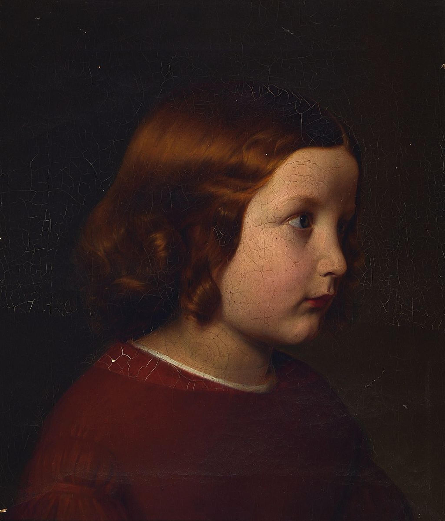 Unbekannter Künstler, Münchener Schule, um 1900, Porträt eines Mädchens mit rotblonden Locken, Öl/Lwd, kleinere Farbfehlstellen, ca. 41x35cm, R. ...