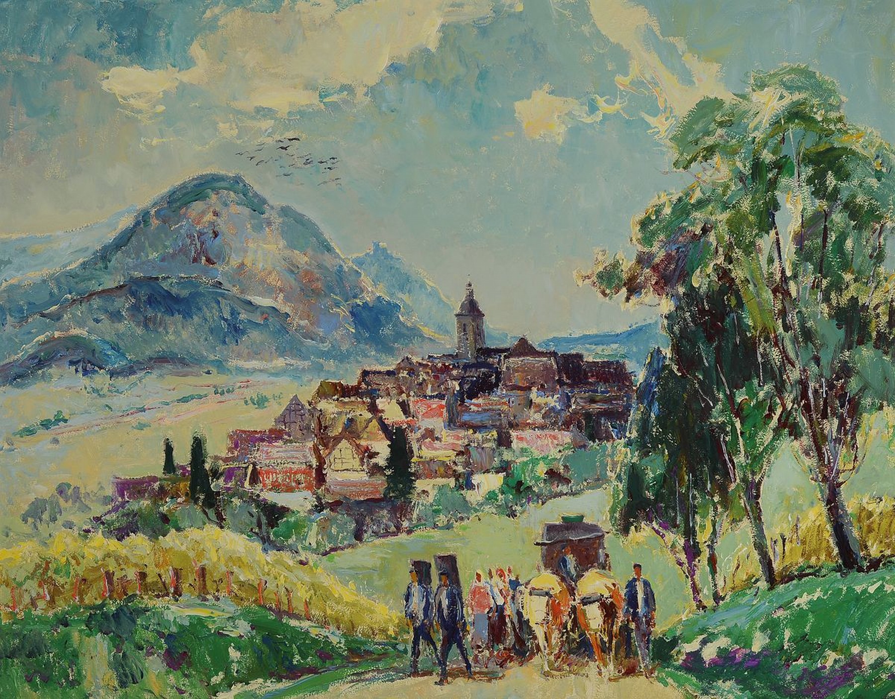 Karl Graf, 1902-1986 Speyer, Blick auf Weyher, im Vordergrund Winzer mit Ochsenfuhrwerk, Öl/Hartfaser, ca. 68x85cm, R. ca. 74x91cm