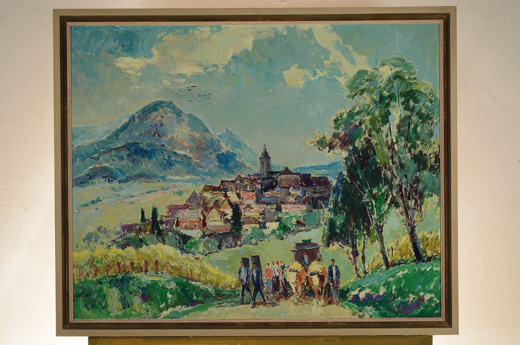 Detail k: Karl Graf, 1902-1986 Speyer, Blick auf Weyher, im Vordergrund Winzer mit Ochsenfuhrwerk, Öl/Hartfaser, ca. 68x85cm, R. ca. 74x91cm