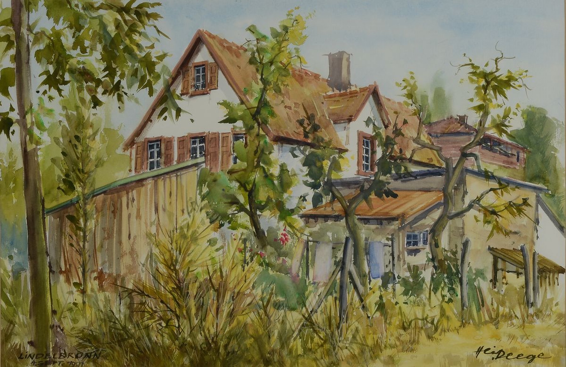 Heiner Deege, 1920-2007 Haßloch, Lindelbrunn, Aquarell auf Papier, rechts unten signiert, links unten betitelt und dat. 4. Sept. 1991, ca. 38x58cm, ...