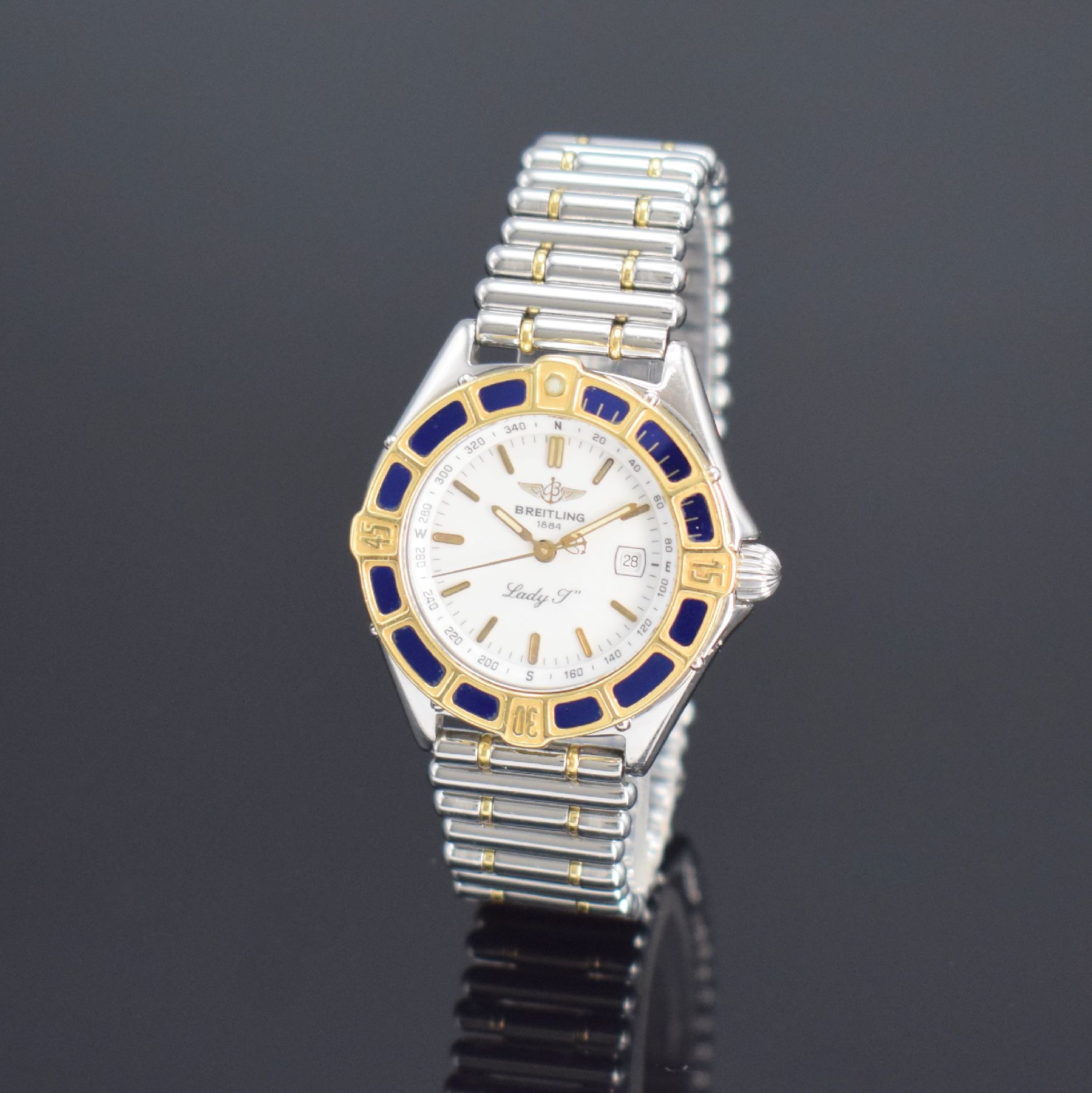 Detail b: BREITLING Lady J Damenarmbanduhr Referenz D52065, Schweiz um 1995, quarz, verschr. Edelstahlgeh. inkl. orig. Gliederband m. Faltschl., GG-Lünette ...