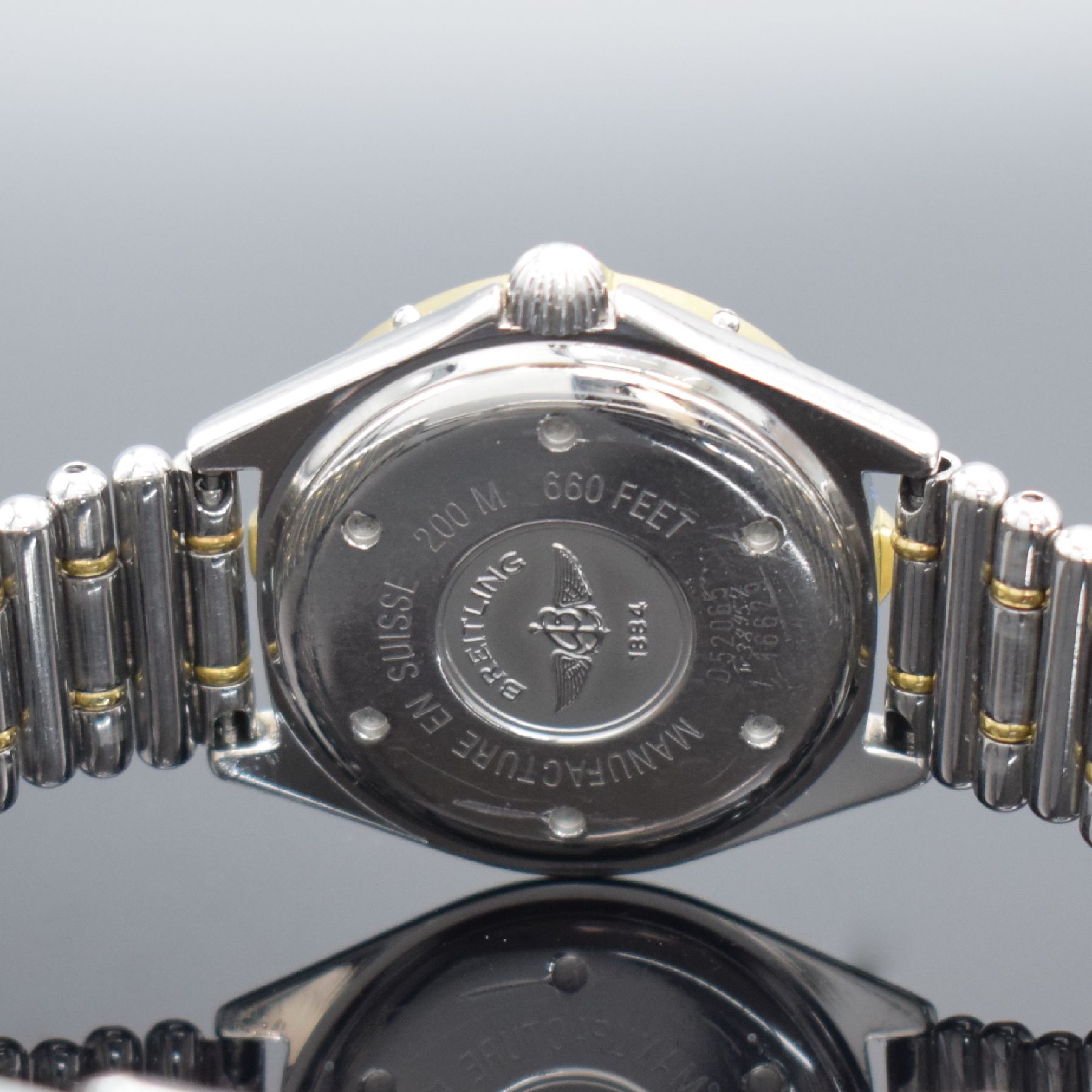 Detail e: BREITLING Lady J Damenarmbanduhr Referenz D52065, Schweiz um 1995, quarz, verschr. Edelstahlgeh. inkl. orig. Gliederband m. Faltschl., GG-Lünette ...