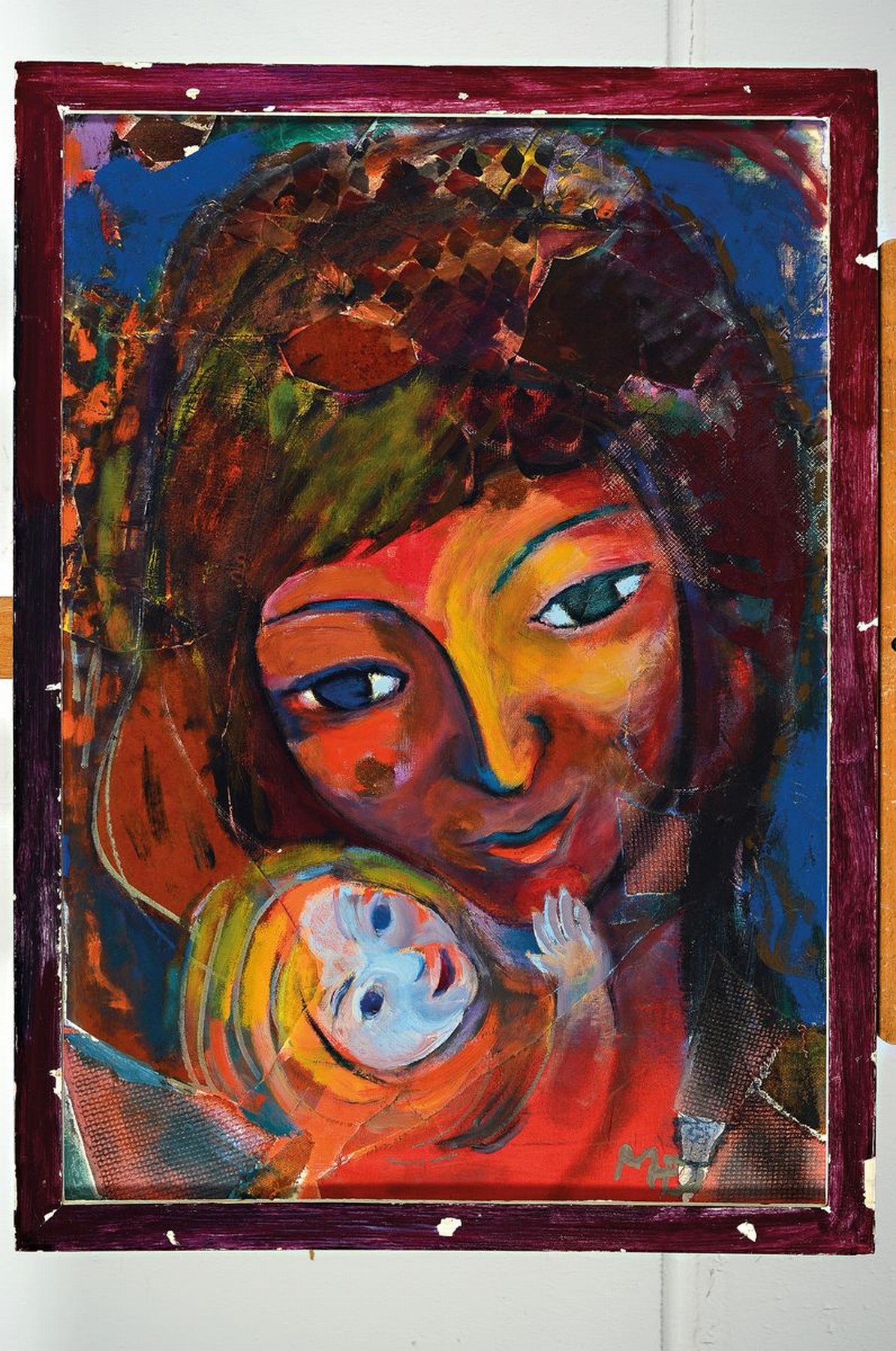 Detail k: Margret Hofheinz-Döring, 1910-1994, Mutter mit Kind, Öl/Malkarton collagiert, ca. 69x49cm, R. ca. 72x52cm, dieser besch.