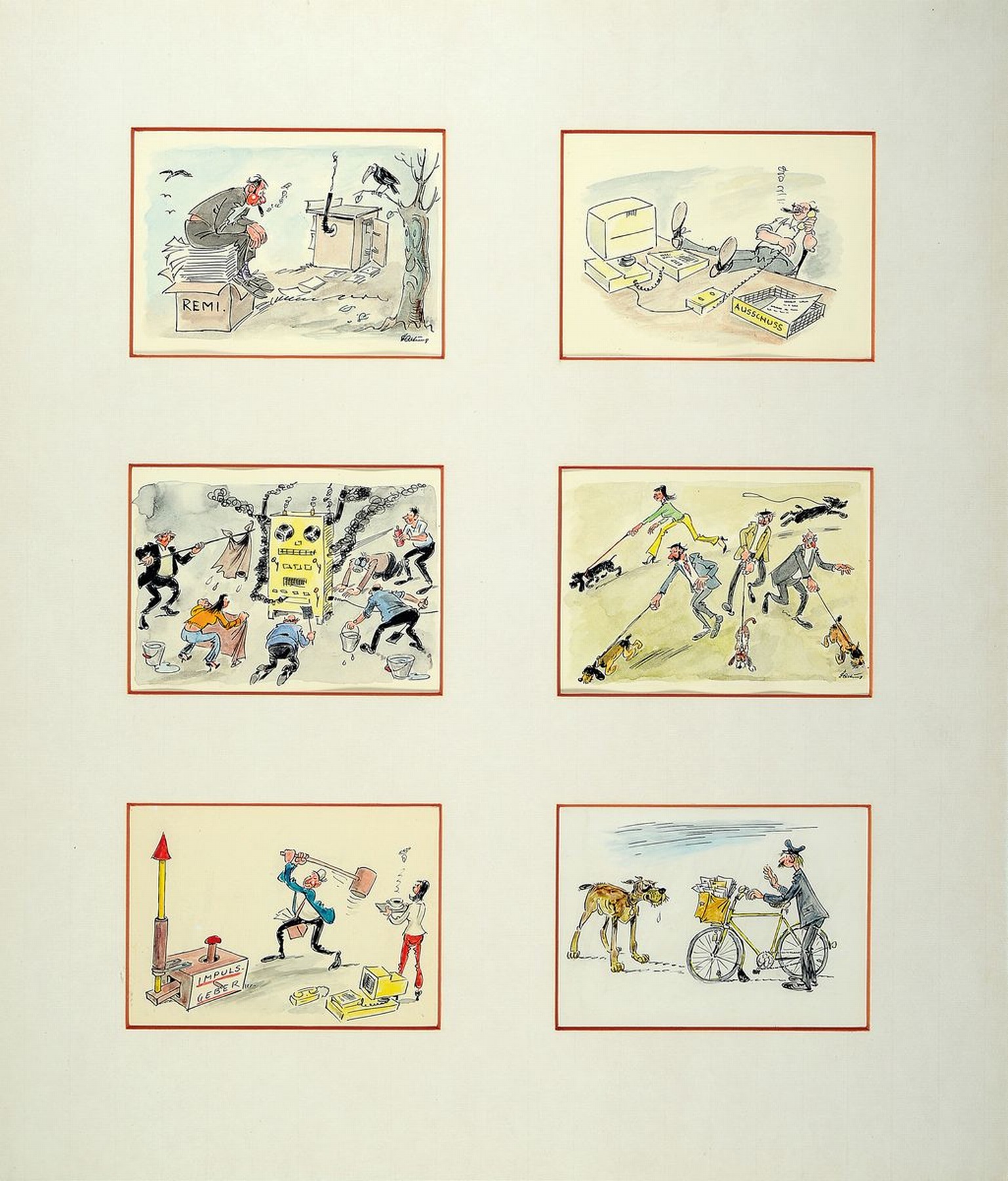 Wilhelm Hartung, 1919-2003, 12 kleine aquarellierte Tuschezeichnungen, Karikaturen, meist zu Themen aus dem Arbeitsleben, alle signiert, je ca. 13 x ...