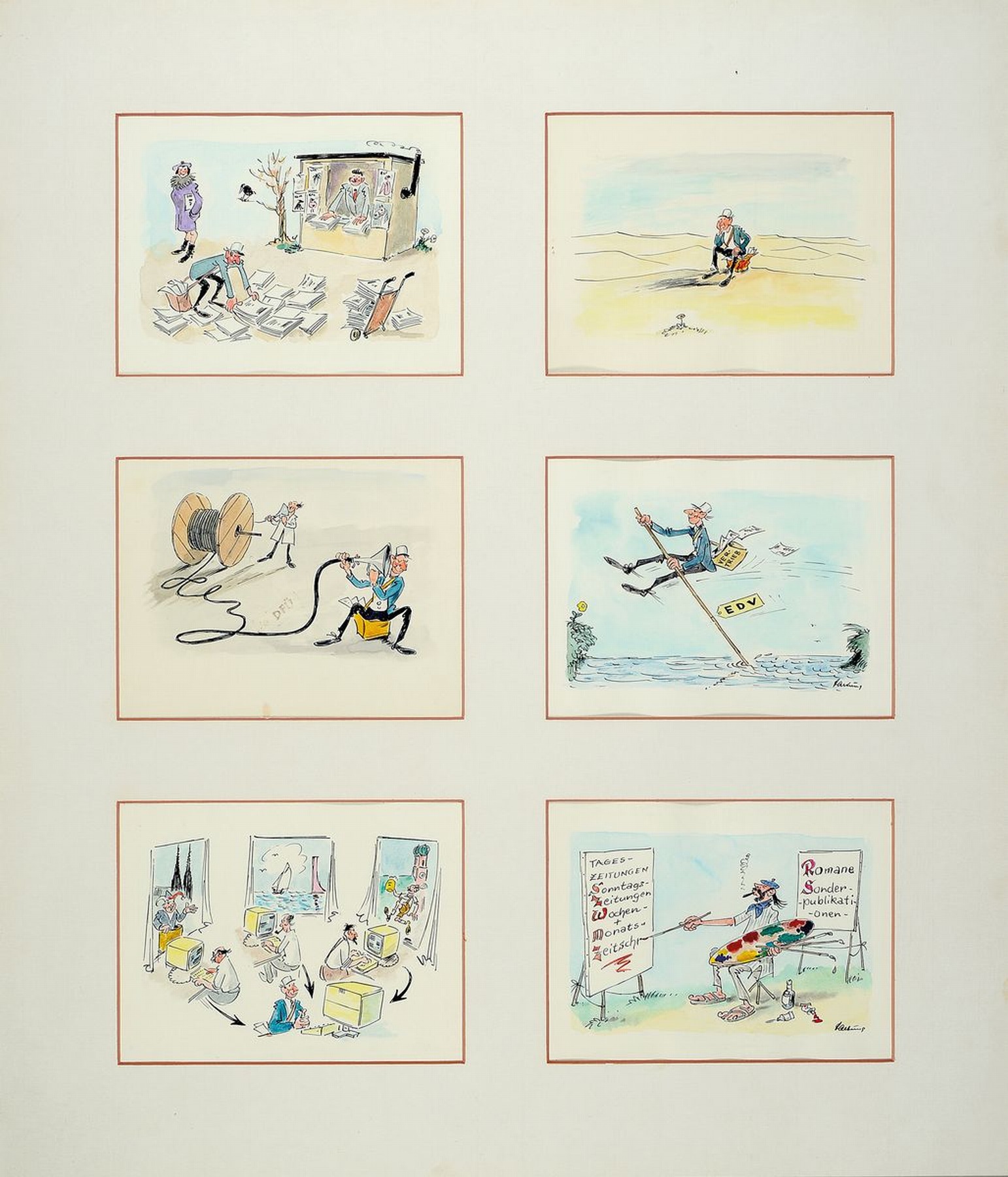Detail a: Wilhelm Hartung, 1919-2003, 12 kleine aquarellierte Tuschezeichnungen, Karikaturen, meist zu Themen aus dem Arbeitsleben, alle signiert, je ca. 13 x ...