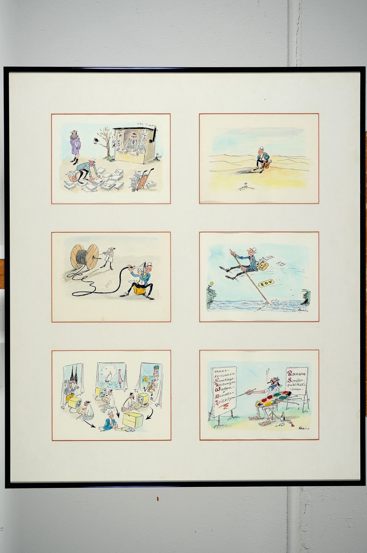 Detail l: Wilhelm Hartung, 1919-2003, 12 kleine aquarellierte Tuschezeichnungen, Karikaturen, meist zu Themen aus dem Arbeitsleben, alle signiert, je ca. 13 x ...