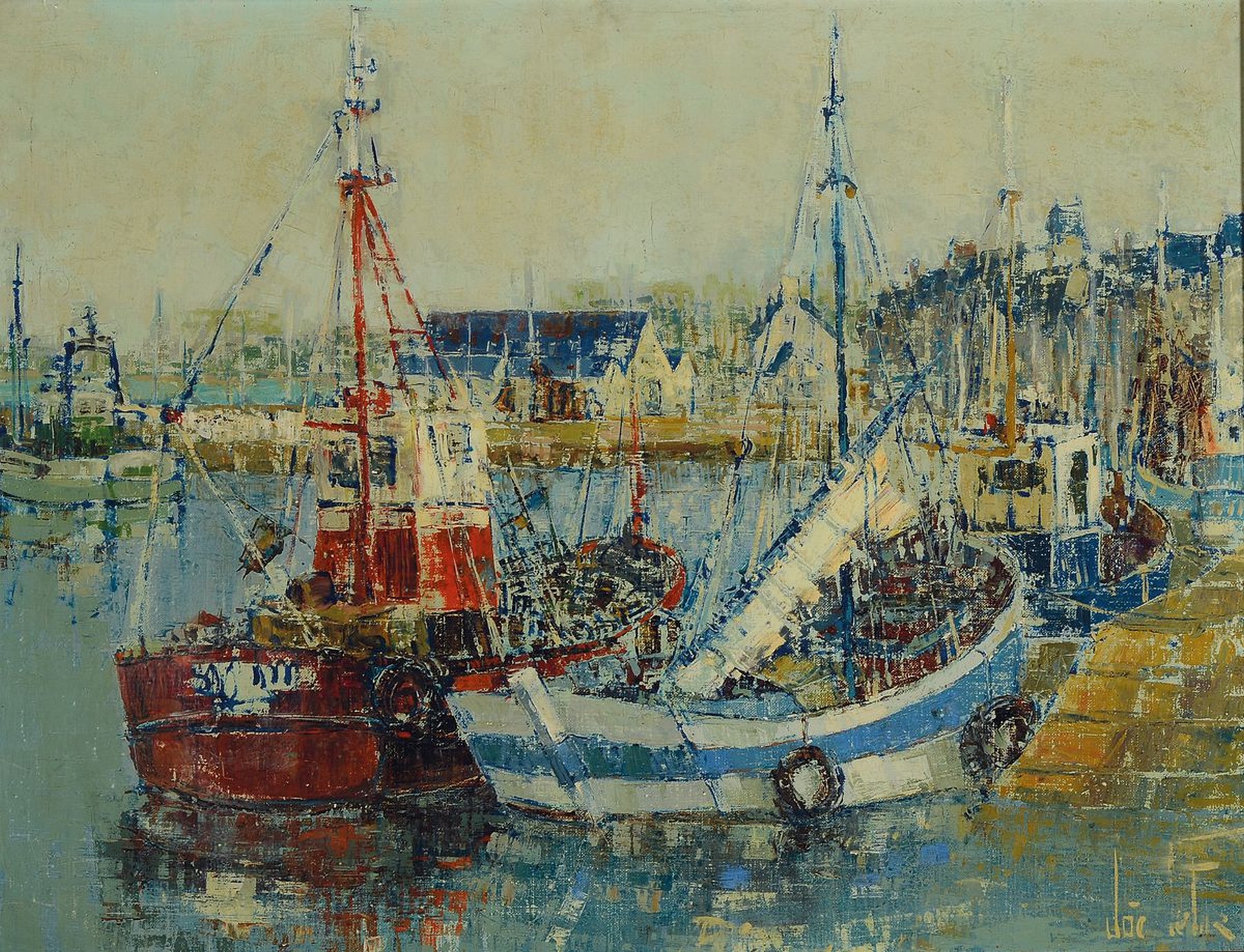 Joé le Fur, 1920 Guémené-2001, Schiffe und Boote im Hafen, Öl/Lwd, rechts unten signiert, ca. 50x65cm, R. ca. 62x77cm