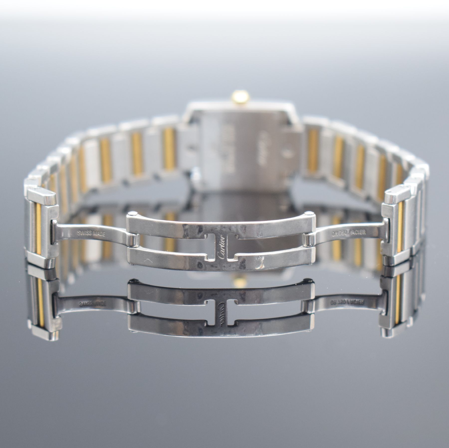 Detail d: CARTIER Tank Francaise Damenarmbanduhr Referenz 2384, Schweiz um 2005, quarz, Edelstahl/Gold kombiniert inkl. Gliederband m. dopp. Faltschl., Boden ...