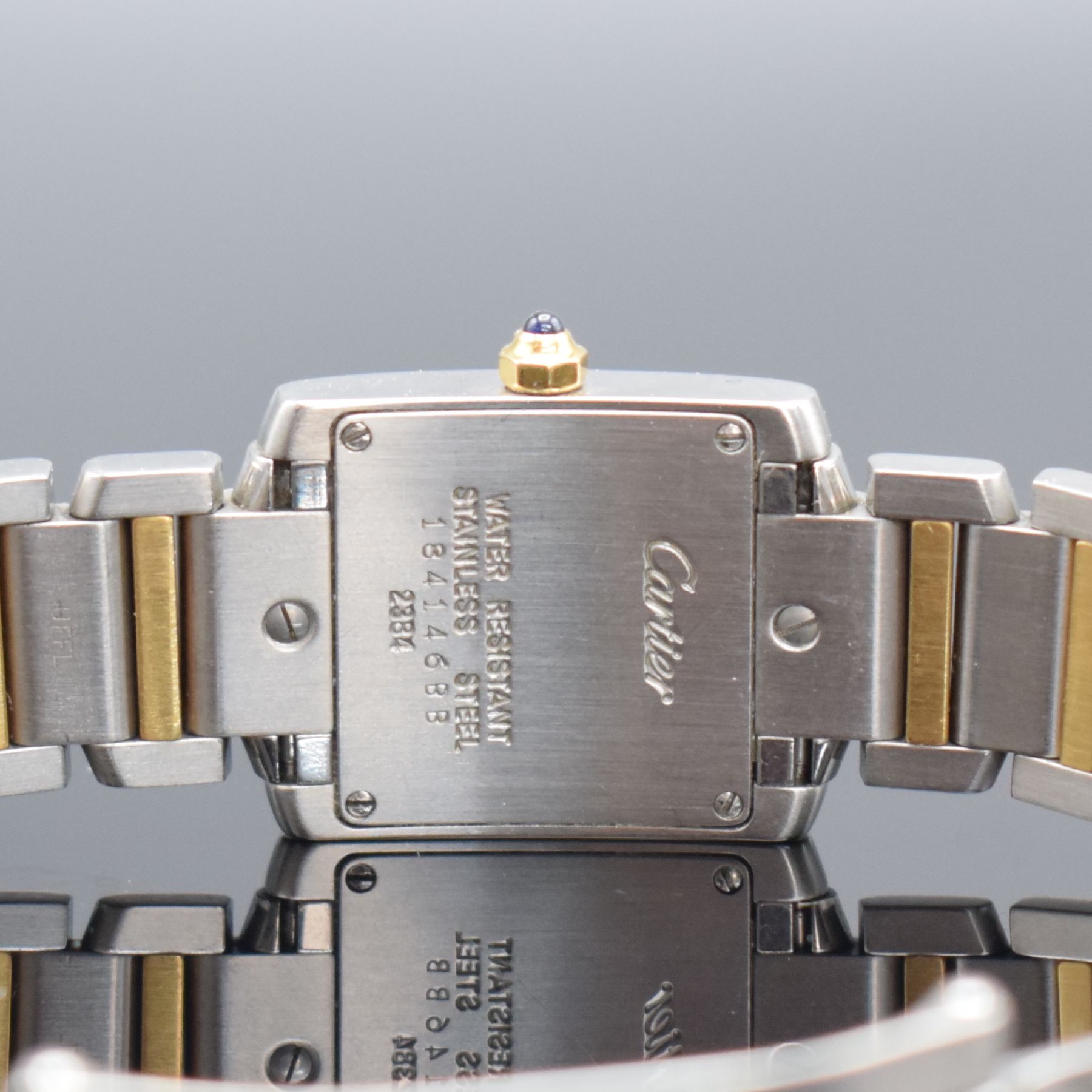 Detail e: CARTIER Tank Francaise Damenarmbanduhr Referenz 2384, Schweiz um 2005, quarz, Edelstahl/Gold kombiniert inkl. Gliederband m. dopp. Faltschl., Boden ...