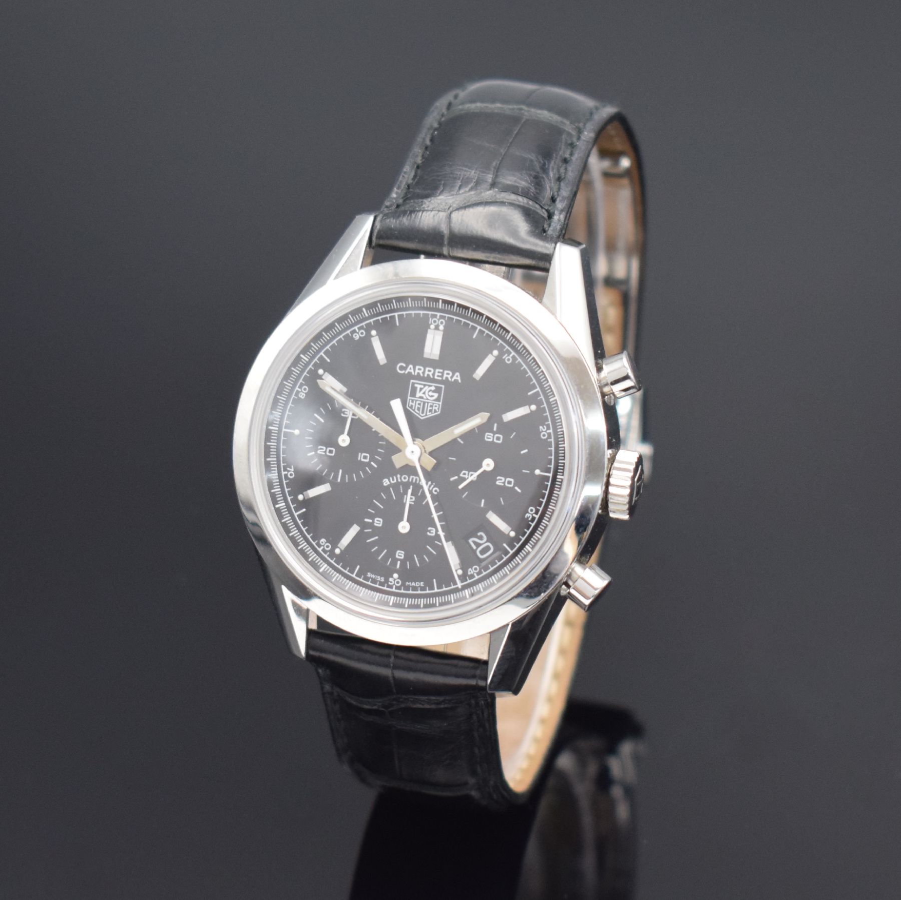 TAG HEUER Armbandchronograph Carrera Referenz CV2111-0, Automatik, Edelstahlgeh. inkl. orig. Lederband m. orig. Faltschl., Boden verschr., schwarzes ...