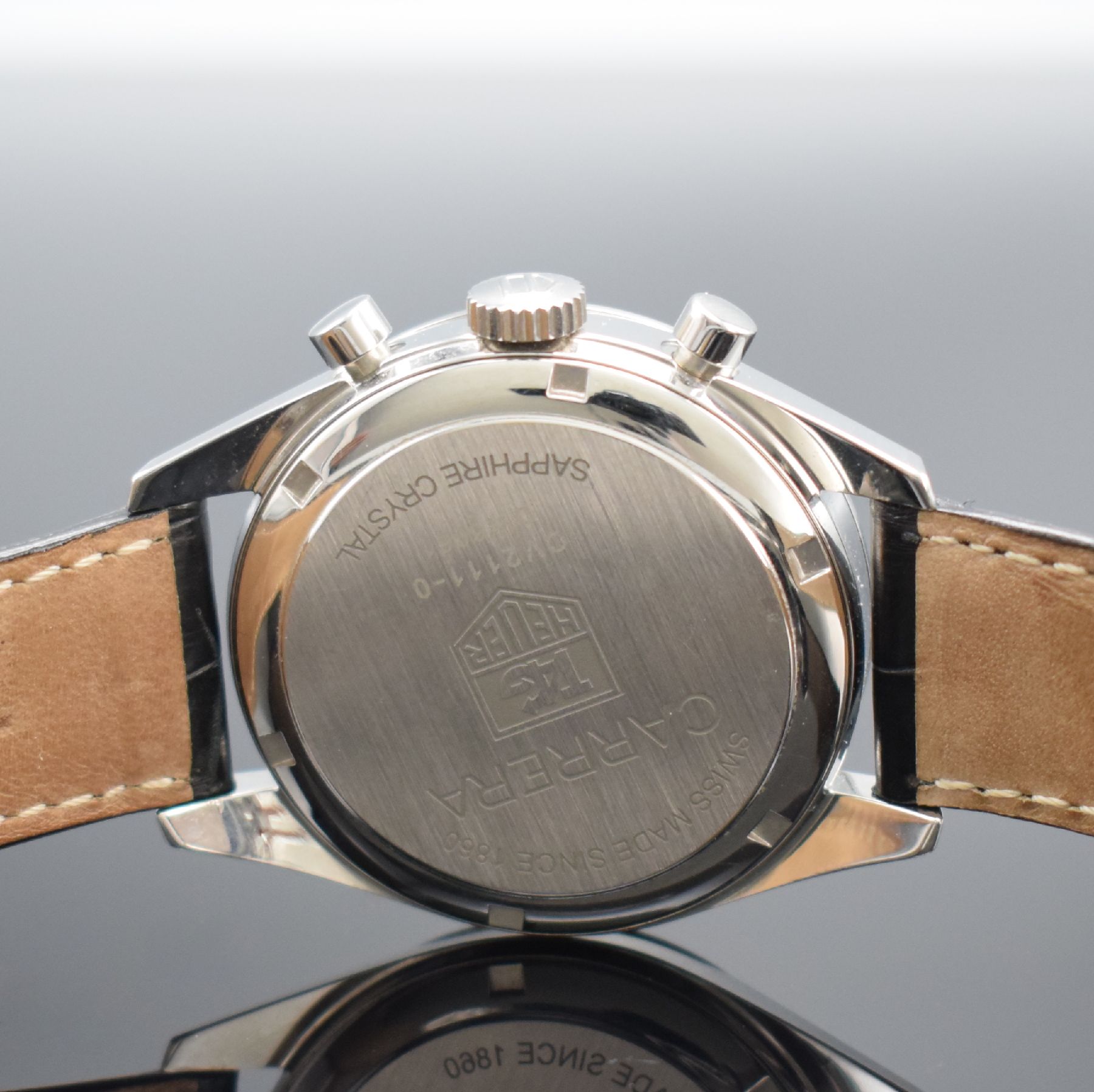 Detail d: TAG HEUER Armbandchronograph Carrera Referenz CV2111-0, Automatik, Edelstahlgeh. inkl. orig. Lederband m. orig. Faltschl., Boden verschr., schwarzes ...