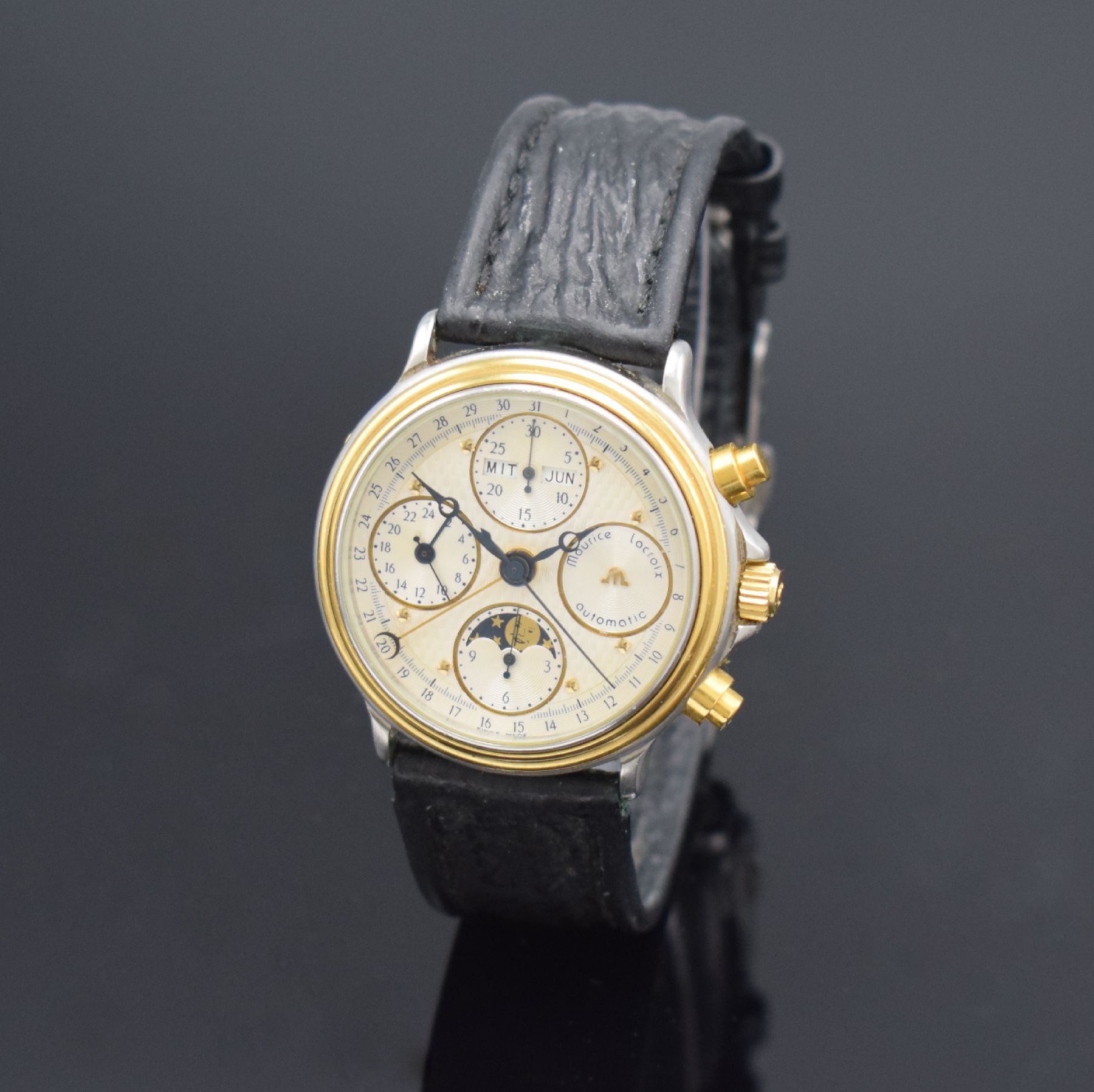 Detail b: MAURICE LACROIX Armbandchronograph mit Vollkalender inklusive Mondphase Referenz 02336, Schweiz um 1990, Automatik, Edelstahl/Gold komb., ...
