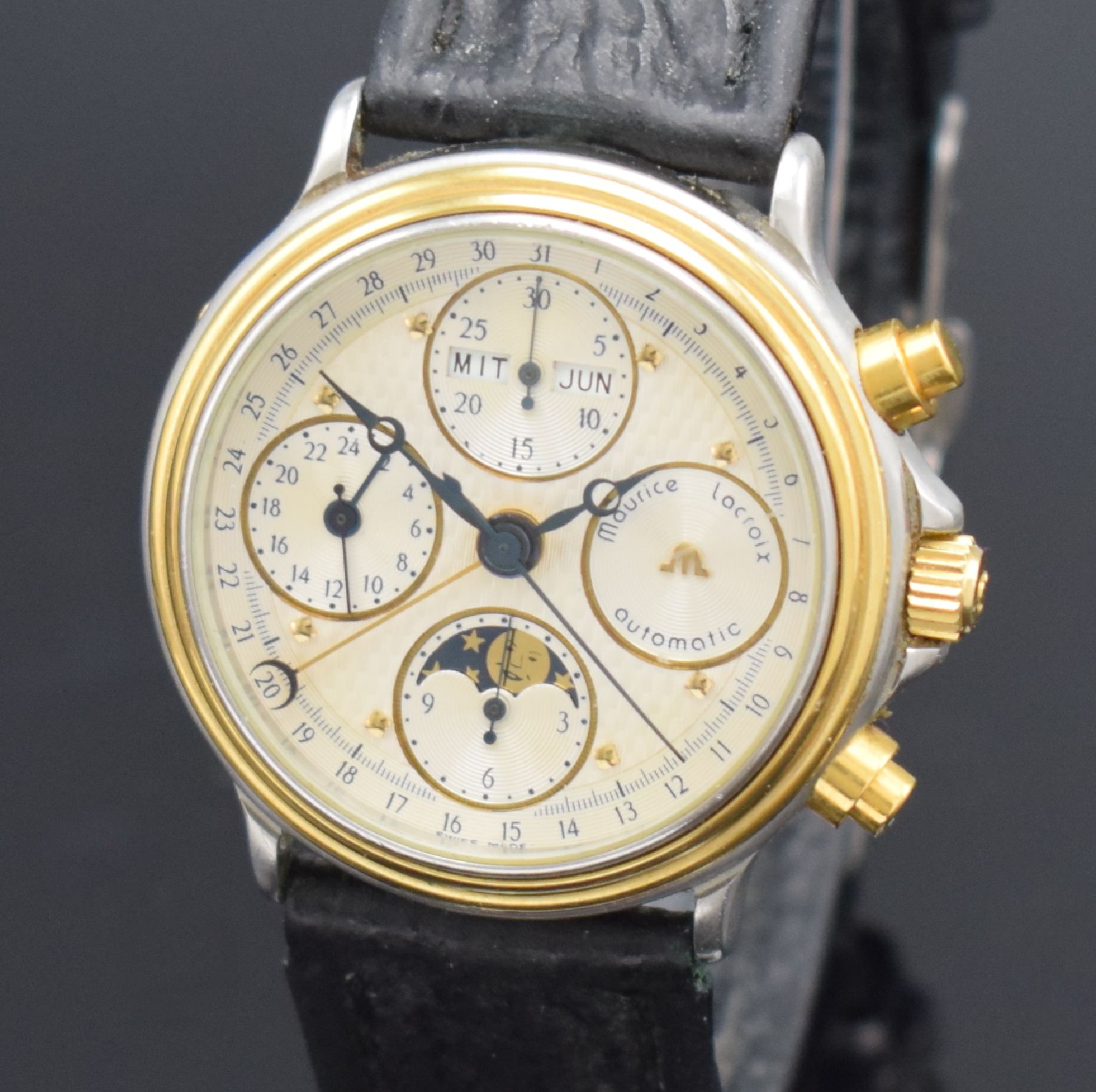 Detail c: MAURICE LACROIX Armbandchronograph mit Vollkalender inklusive Mondphase Referenz 02336, Schweiz um 1990, Automatik, Edelstahl/Gold komb., ...