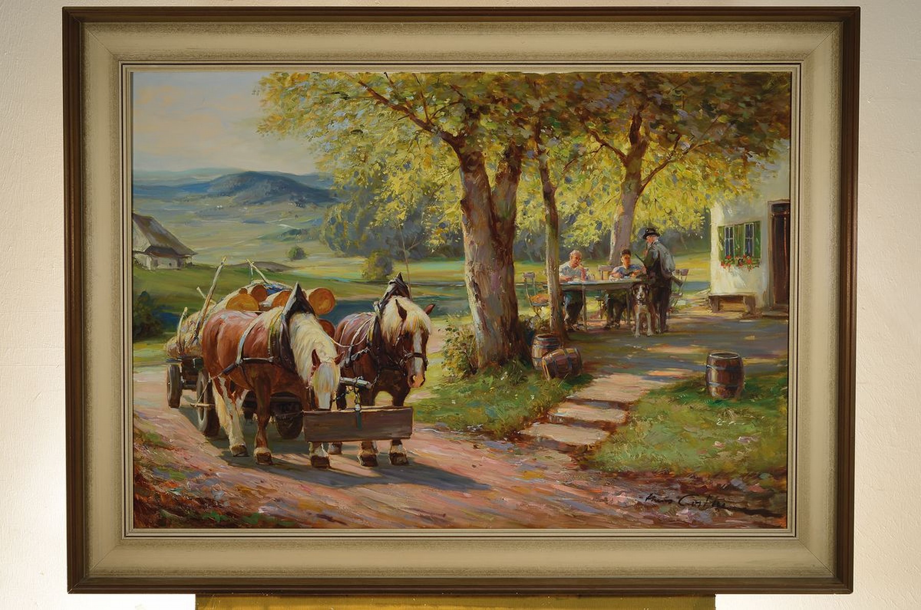 Detail k: Hans Costa (eigentl. Hans Nickel), 1916 Mährisch Lotschau-1986 Altdorf, Pferdegespann mit Holzladung vor einem Gasthaus, im Hintergrund die Menschen ...