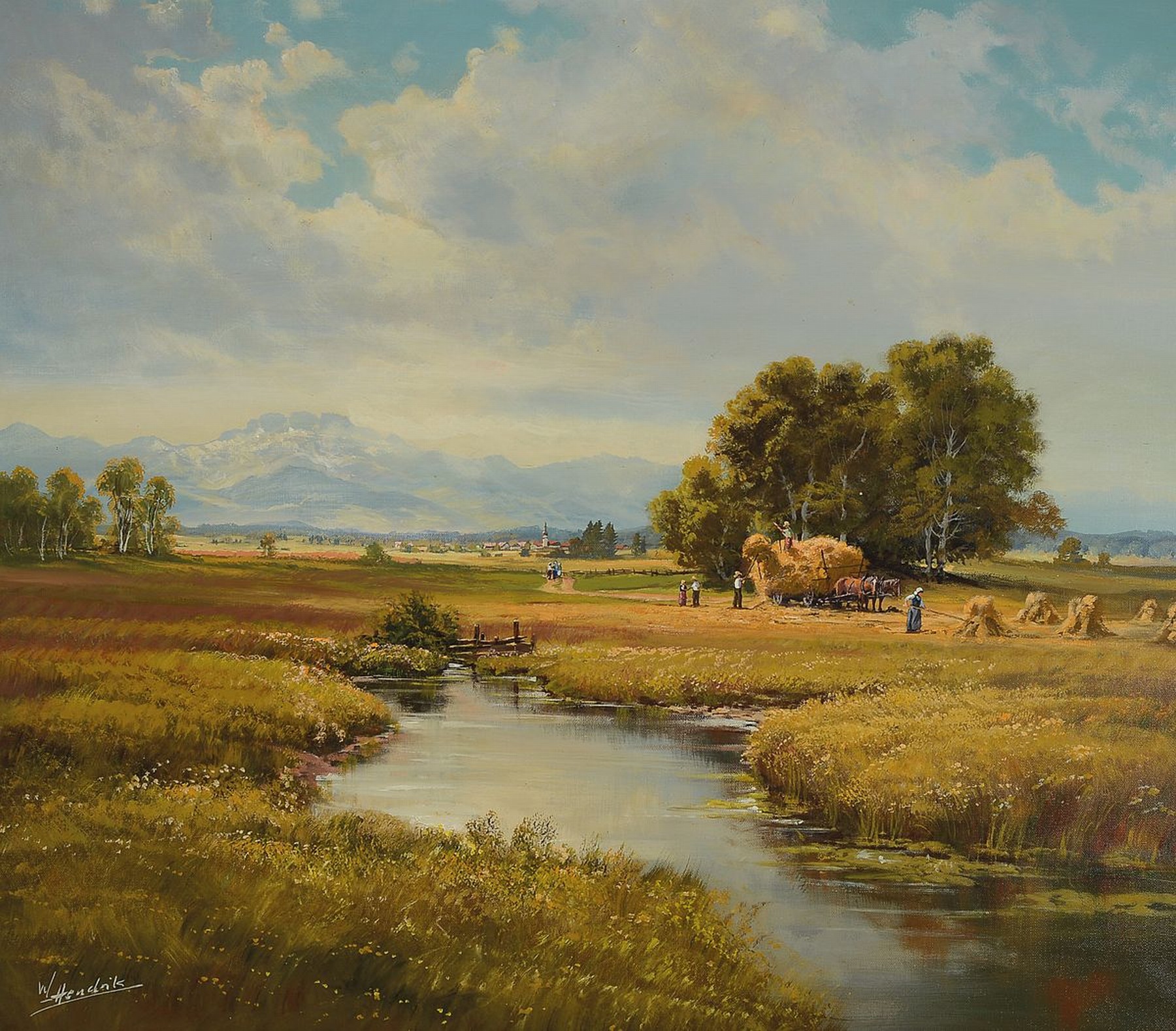W. Hendrik, geb. 1930 im Breisgau, Weite Voralpenlandschaft mit Bachlauf und einer Ernteszene rechts, Öl/Lwd, links unten signiert, ca. 60x70cm, R. ...