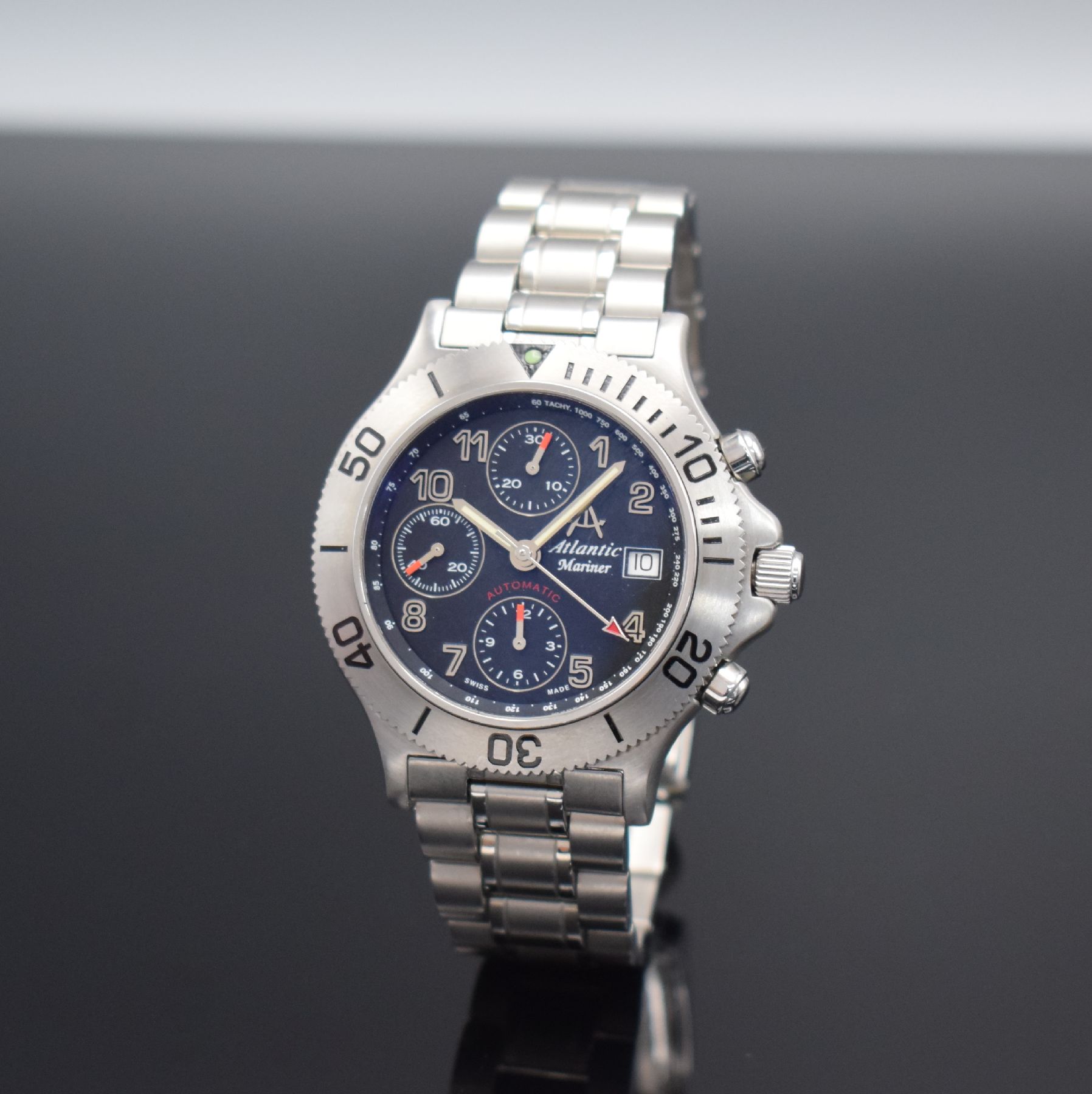 ATLANTIC Mariner Herrenarmbanduhr mit Chronograph in Edelstahl, Schweiz um 2000, Automatik, verschr. Geh., orig. Gliederband m. Faltschl., eins. ...