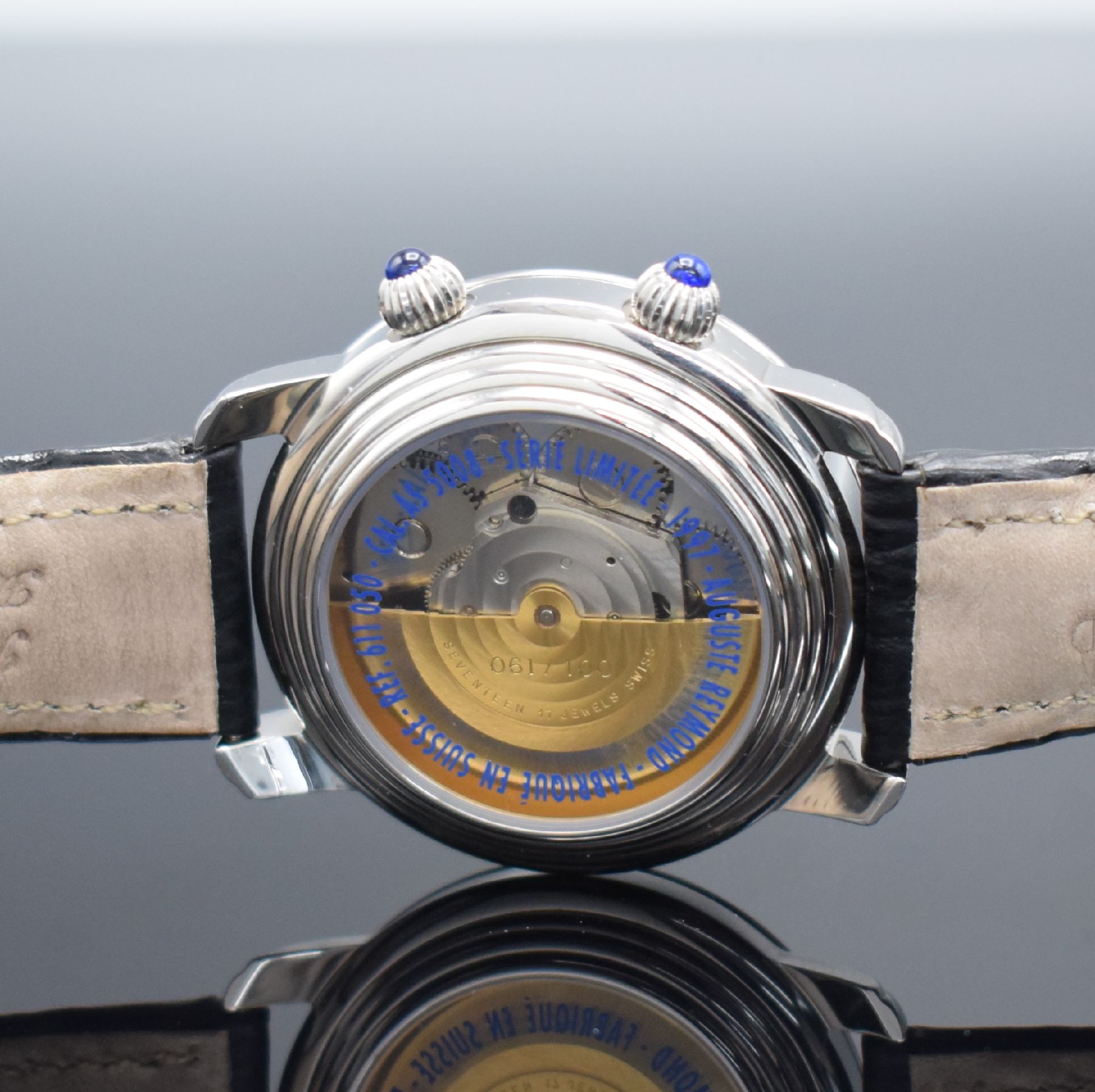 Detail e: AUGUSTE REYMOND limitierter Armbandwecker, Schweiz um 1997, limitiert auf 100 Stück, Automatik, Ref. 611050, beids. vergl. Edelstahlgeh. inkl. orig. ...
