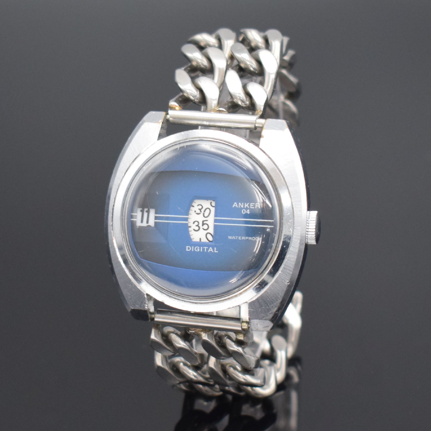 Detail g: ANKER & PROVITA 2 Herrenarmbanduhren mit digitaler Anzeige, 1.) ANKER Deutschland um 1970, Handaufzug, verchr. Geh., Stahlboden geschr., neutr. ...