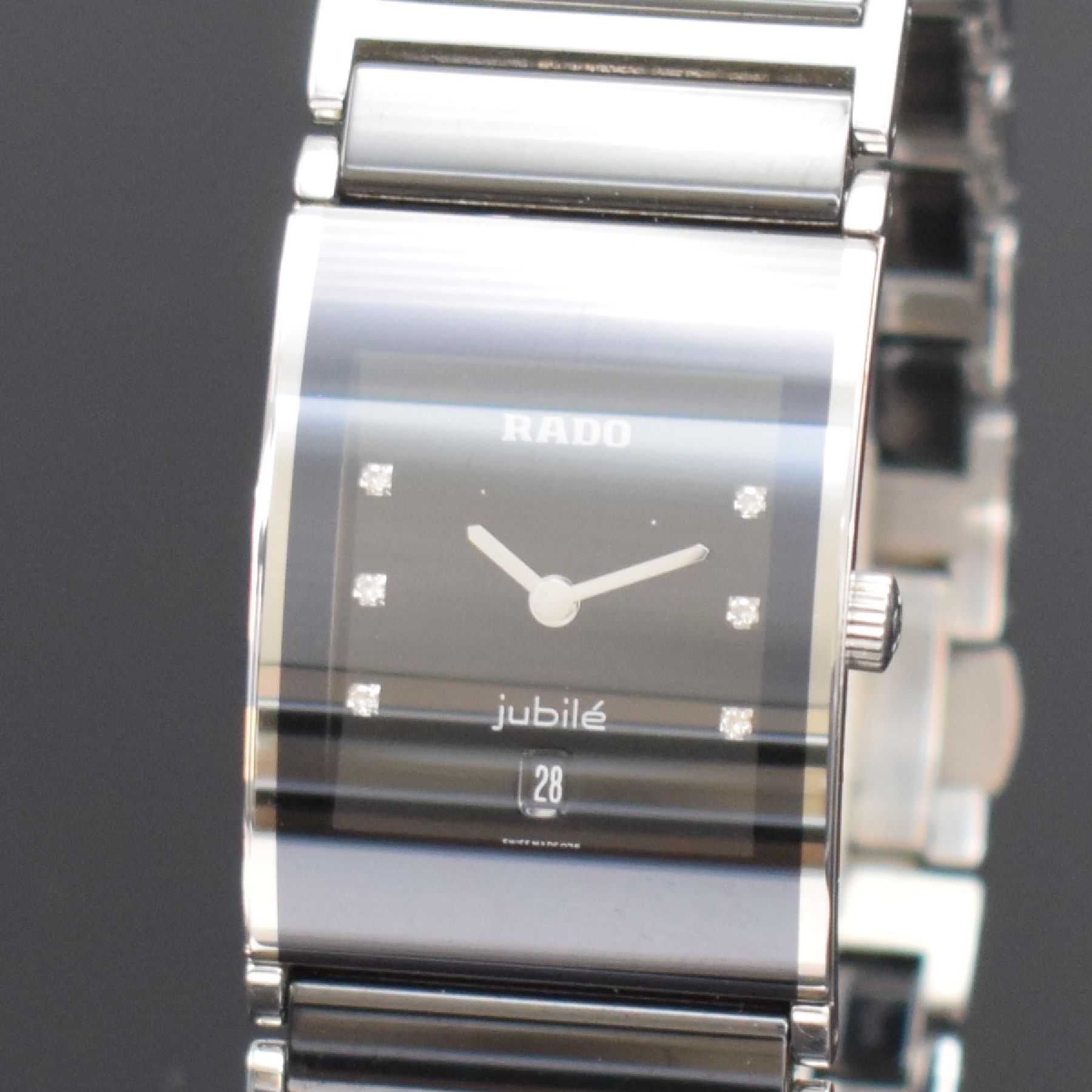 Detail a: RADO Jubilee Armbanduhr Referenz 160.0785.3, Schweiz um 2011, quarz, Edelstahlgeh., Boden verschr., Keramik Gliederband, dopp. Faltschl., Zifferbl. ...