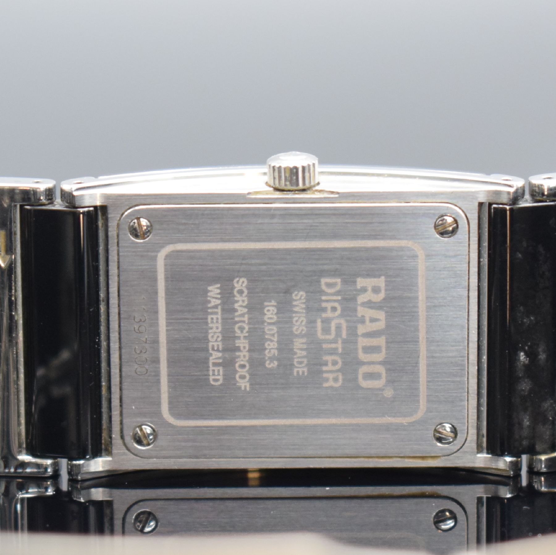 Detail d: RADO Jubilee Armbanduhr Referenz 160.0785.3, Schweiz um 2011, quarz, Edelstahlgeh., Boden verschr., Keramik Gliederband, dopp. Faltschl., Zifferbl. ...