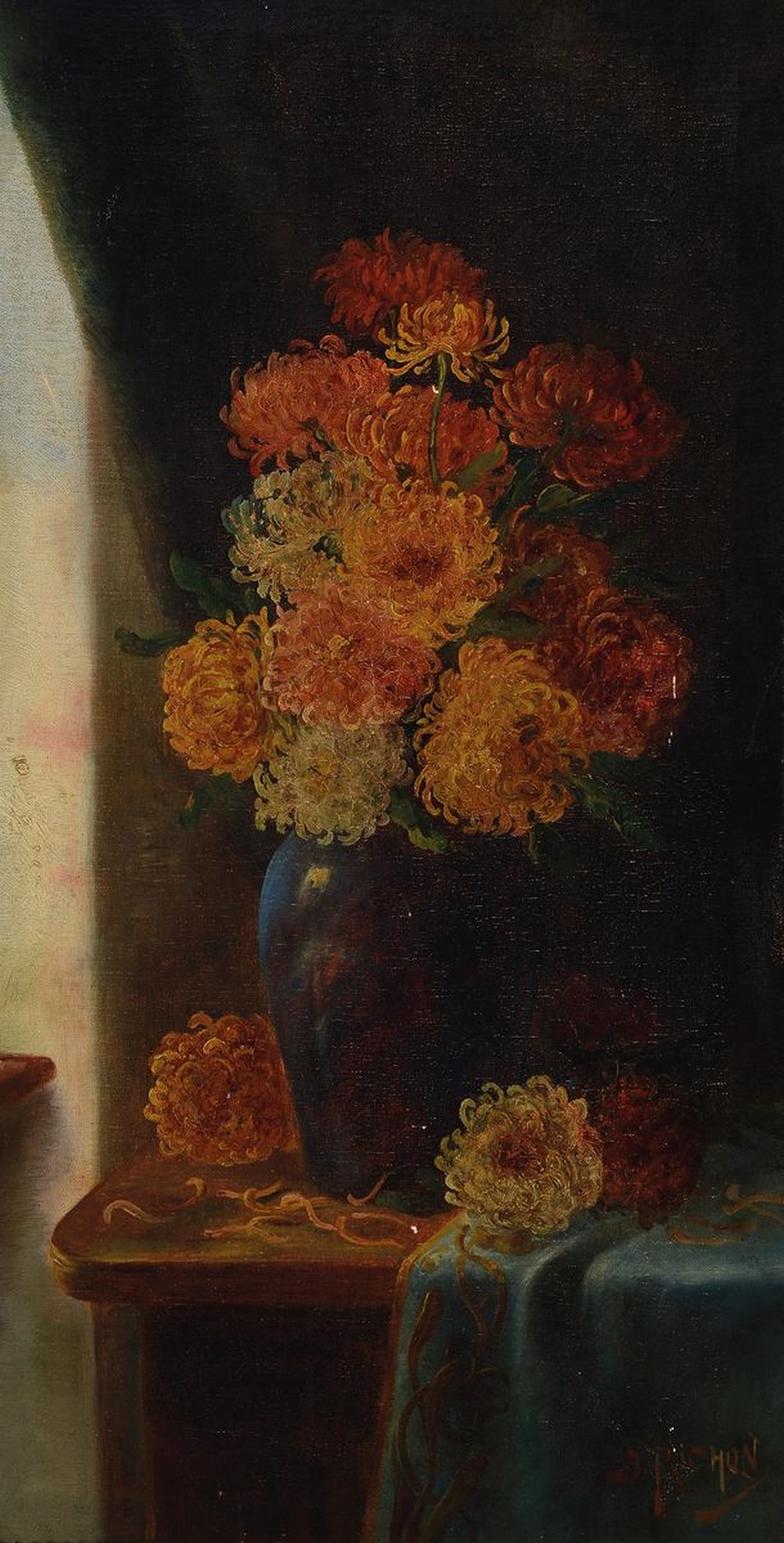 Detail a: G. Pichon, Künstler*in des 19./20.Jh., Paar Schnittblumenstillleben, Chrysanthemen bzw. Flieder, je betontes Hochformat, Öl/Lwd, je signiert, ...