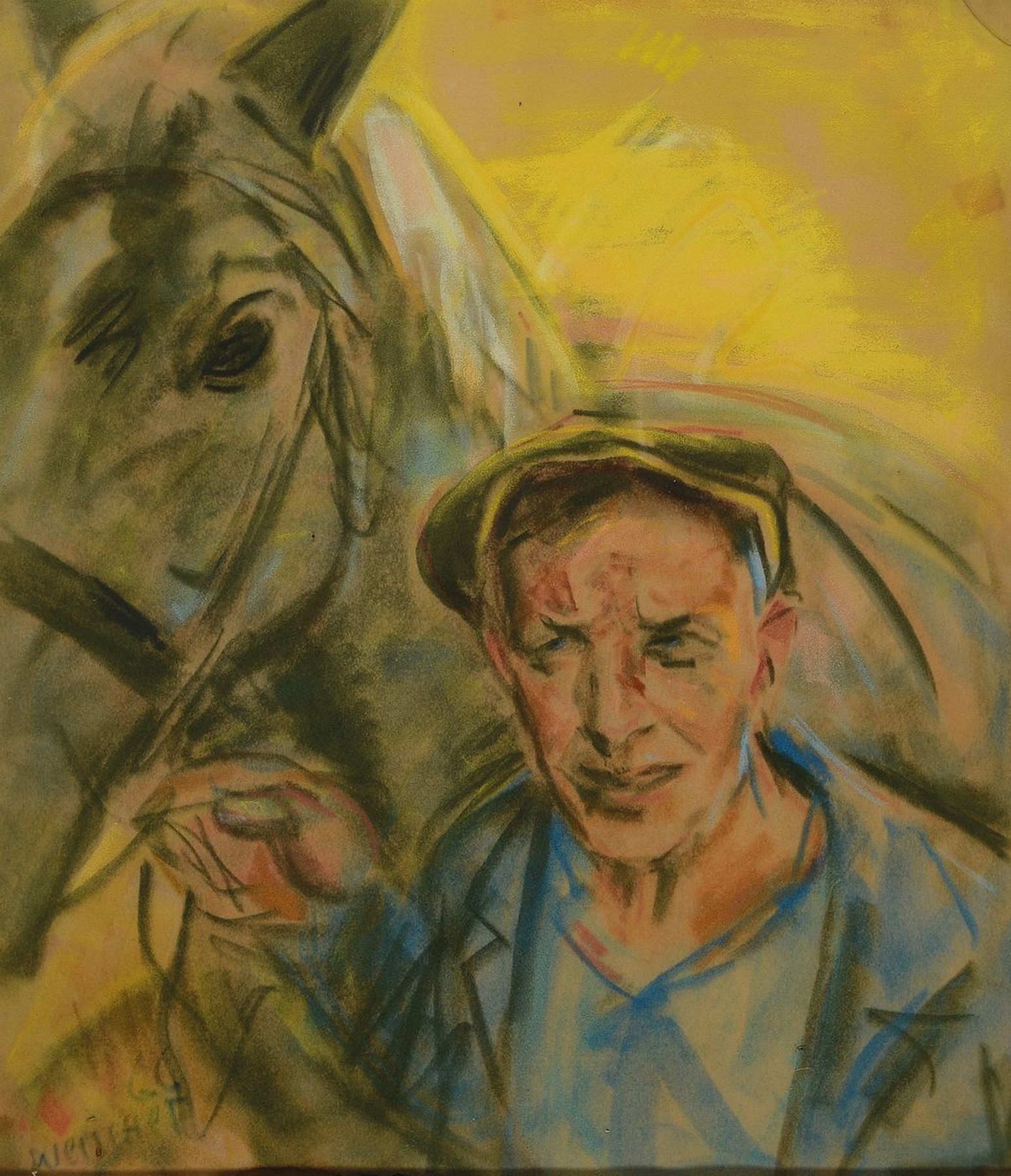 Hugo Weischet, 1897 Wuppertal - 1976 Neuwied , Porträt eines Bauern mit Pferd, verso bez. "Irlichs letzter Gaul u. Herr Driesch", sowie ...