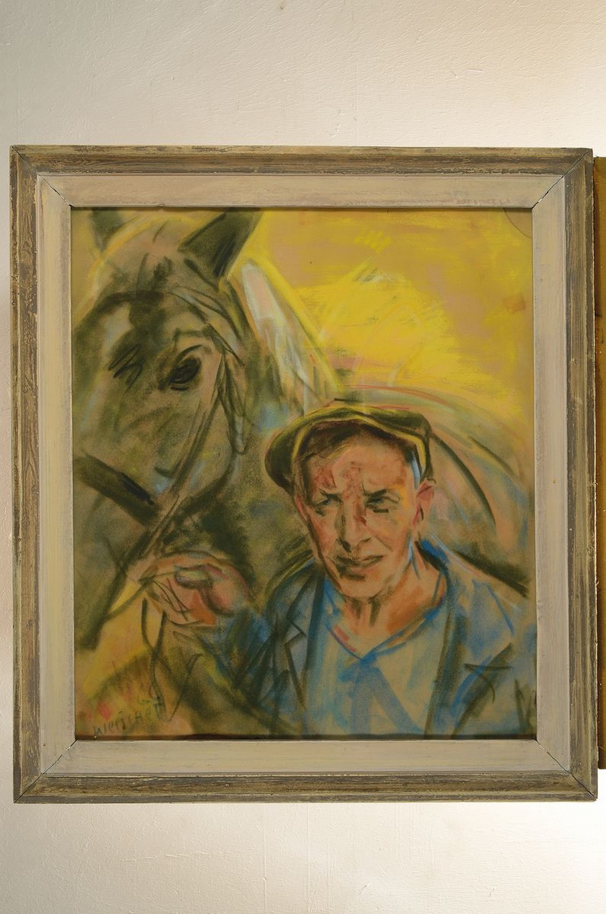 Detail k: Hugo Weischet, 1897 Wuppertal - 1976 Neuwied , Porträt eines Bauern mit Pferd, verso bez. "Irlichs letzter Gaul u. Herr Driesch", sowie ...