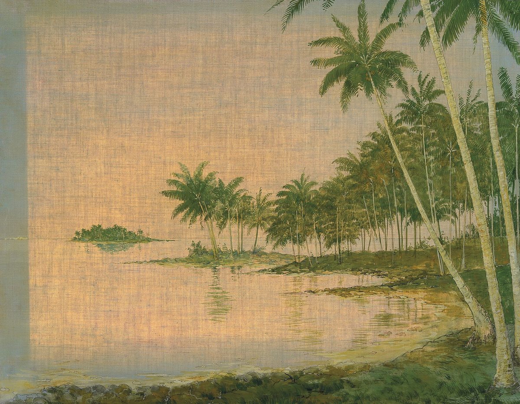 Erich Scheurmann, 1878 Hamburg-1975 Armsfeld, See- und Palmenlandschaft in Samoa, so verso bez., Öl u. Bleistift auf Lwd, links unten signiert, ohne ...