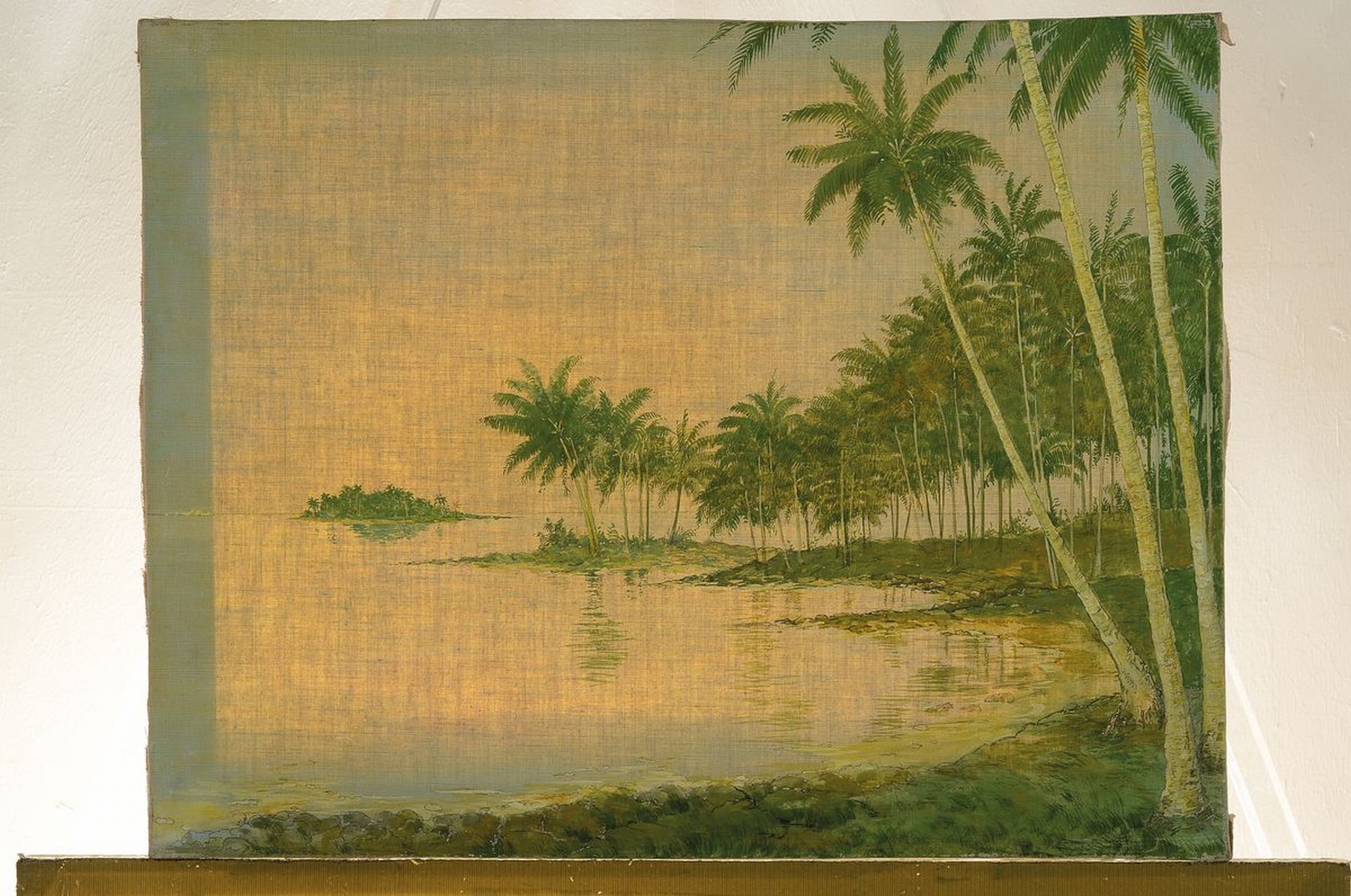 Detail k: Erich Scheurmann, 1878 Hamburg-1975 Armsfeld, See- und Palmenlandschaft in Samoa, so verso bez., Öl u. Bleistift auf Lwd, links unten signiert, ohne ...