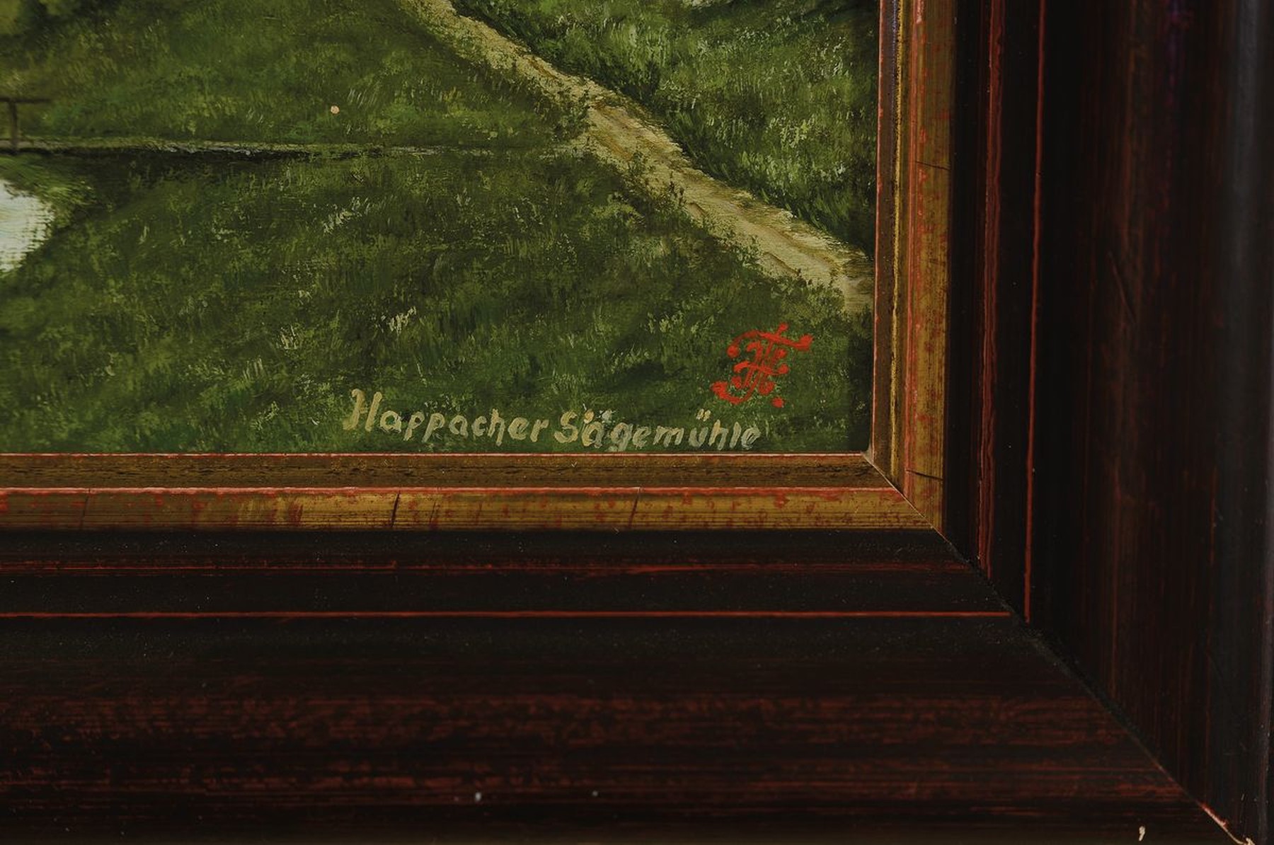 Detail a: Monogrammist FH, Ansicht der Happacher Sägemühle mit Personenstaffage, links unten monogr. u. bez., Öl/Holz, Rahmen, 13x17 / 28x32 cm
