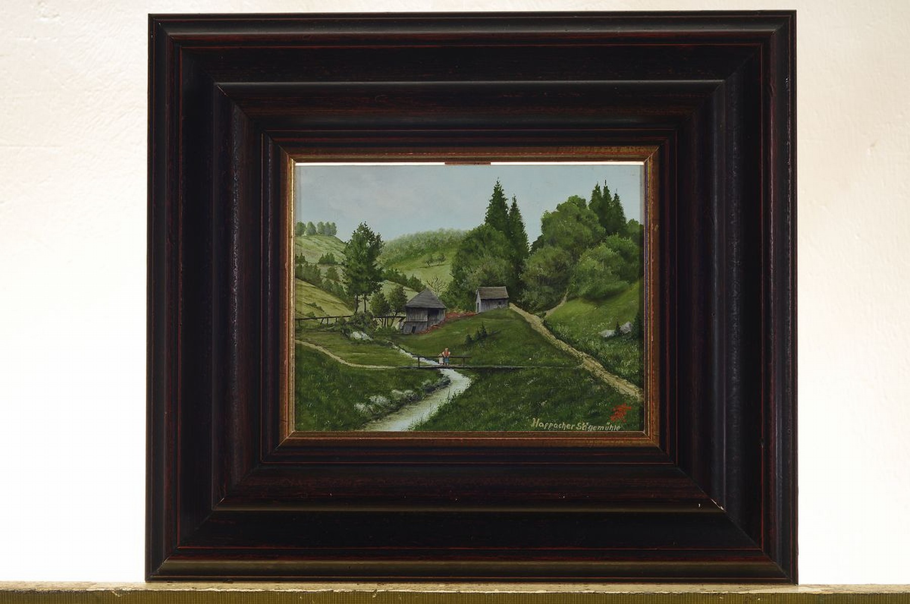 Detail k: Monogrammist FH, Ansicht der Happacher Sägemühle mit Personenstaffage, links unten monogr. u. bez., Öl/Holz, Rahmen, 13x17 / 28x32 cm
