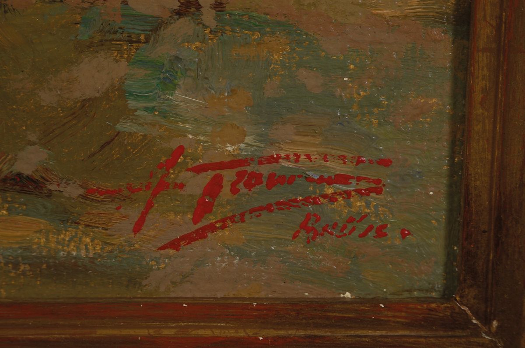 Detail a: Ungedeuteter Künstler des 20.Jh., impressiv -malerisch aufgefasste Ansicht einiger Boote am Strand, Öl/Lwd, rechts unten signiert, Rahmen, ca. ...