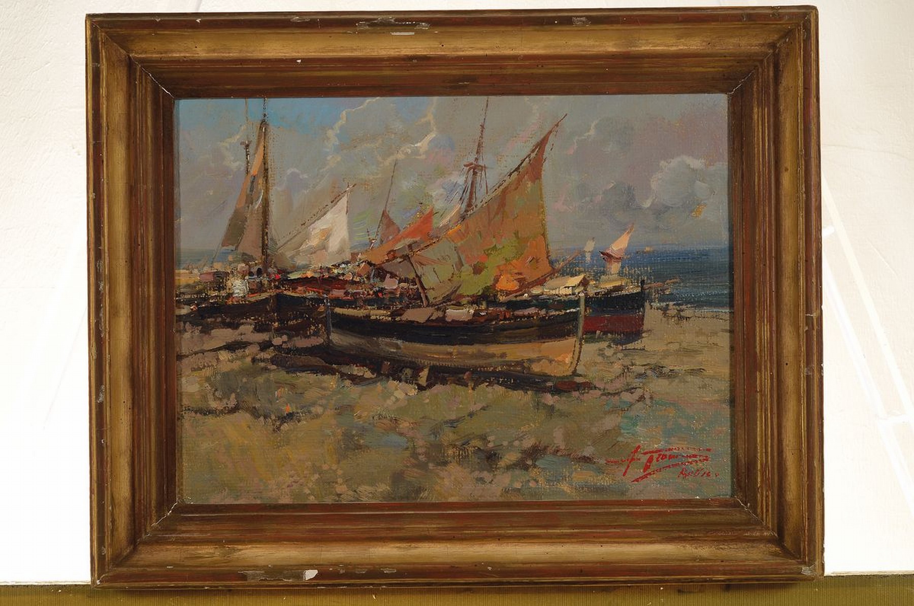 Detail k: Ungedeuteter Künstler des 20.Jh., impressiv -malerisch aufgefasste Ansicht einiger Boote am Strand, Öl/Lwd, rechts unten signiert, Rahmen, ca. ...