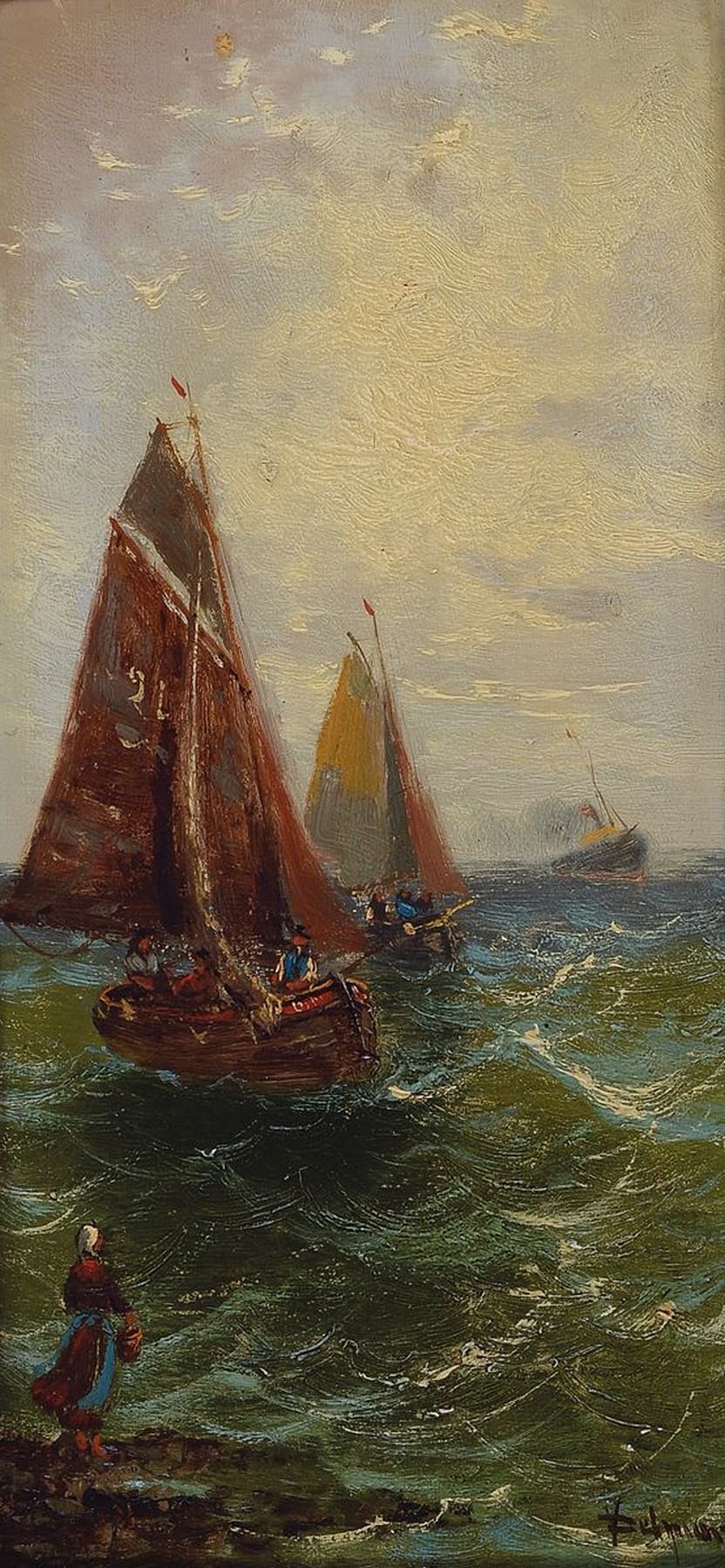 V. Delmar, tätig nach 1900, französischer Marinemaler, Zwei Seestücke: je Ansicht von Fischerbooten auf bewegter See, rechts unten signiert, ...