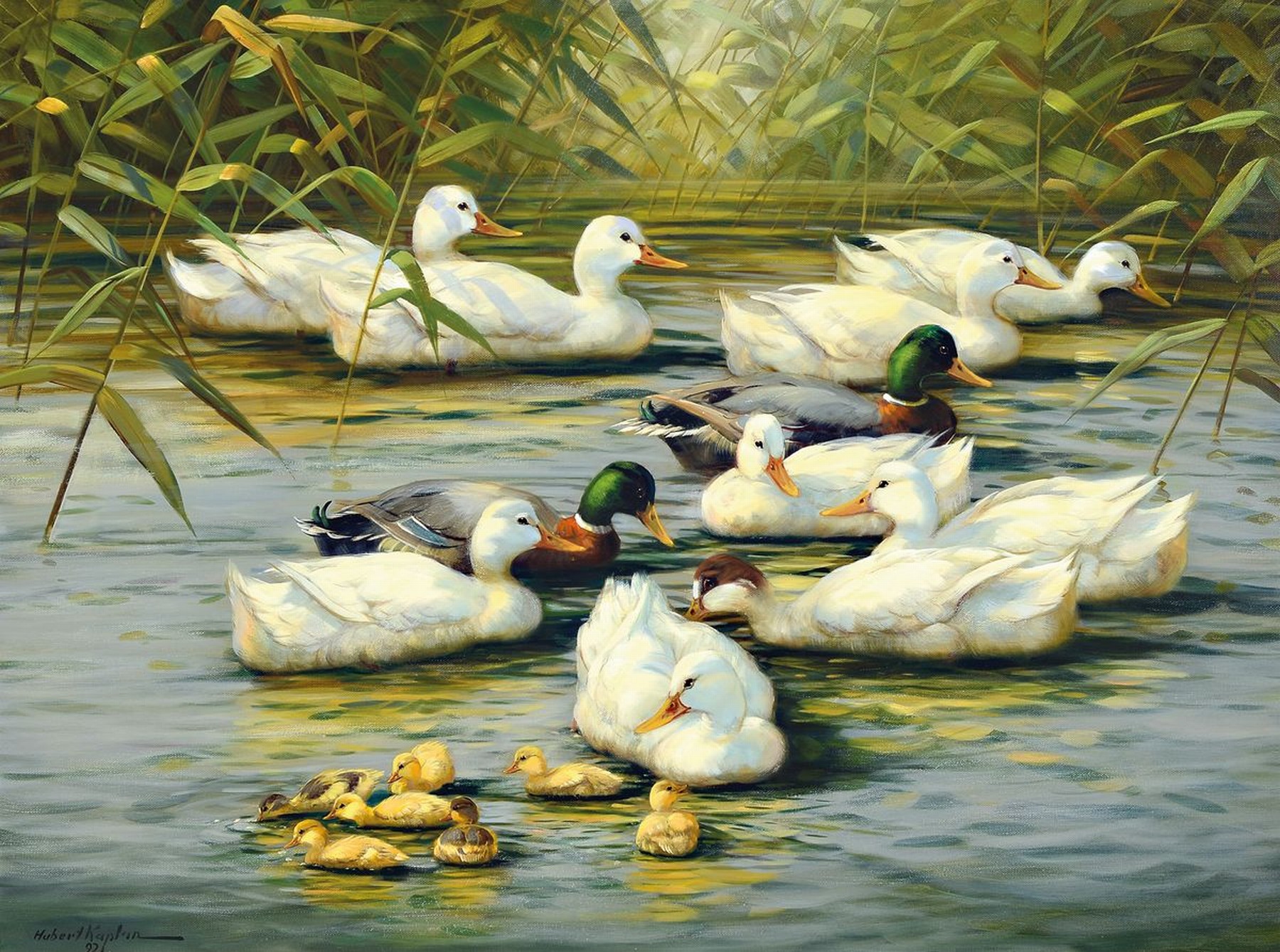 Hubert Kaplan, geb. 1940 in München, Enten auf dem See, 11 Enten und 7 Küken, Öl/Lwd, links unten signiert und dat. 92, ca. 60x80cm, R. ca. ...