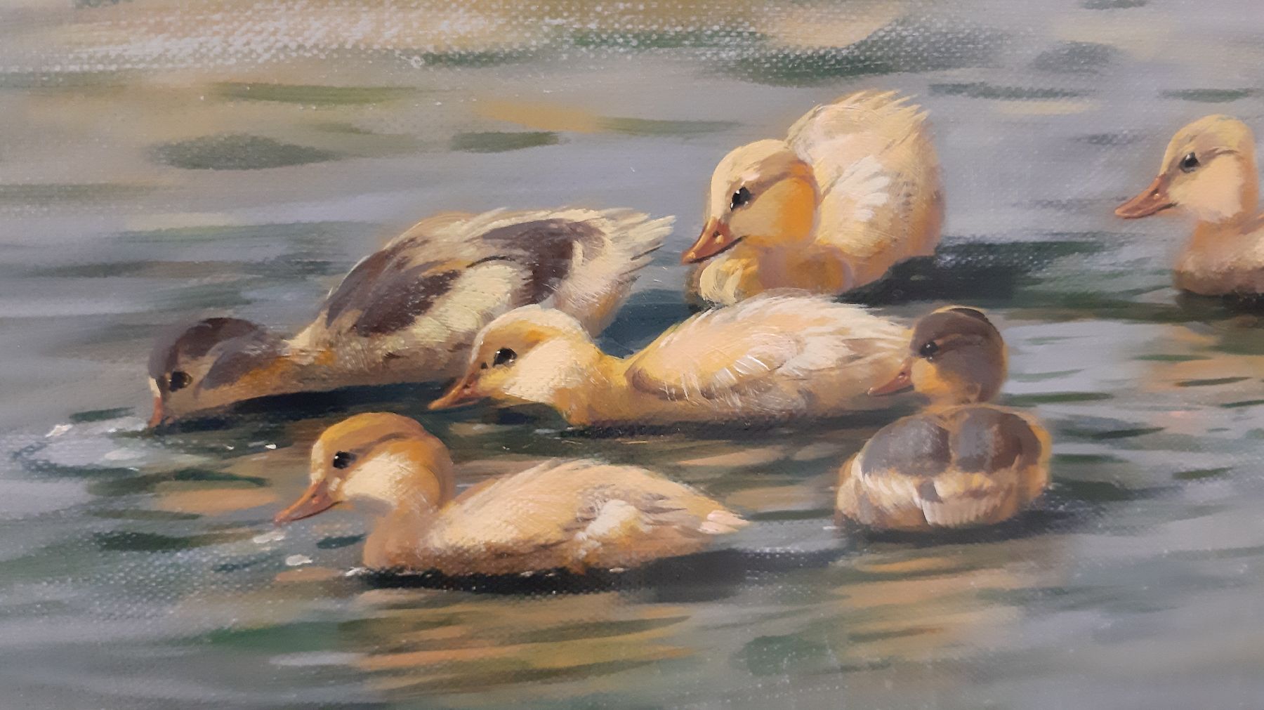 Detail e: Hubert Kaplan, geb. 1940 in München, Enten auf dem See, 11 Enten und 7 Küken, Öl/Lwd, links unten signiert und dat. 92, ca. 60x80cm, R. ca. ...