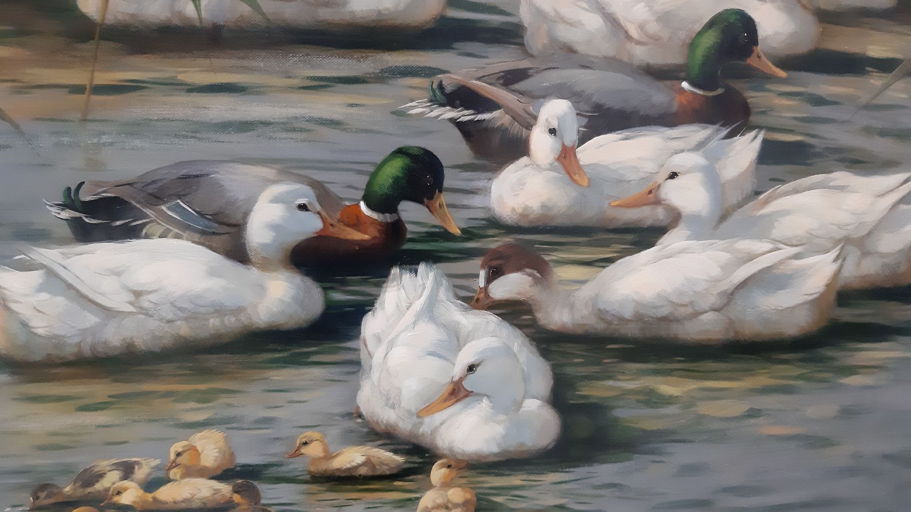 Detail f: Hubert Kaplan, geb. 1940 in München, Enten auf dem See, 11 Enten und 7 Küken, Öl/Lwd, links unten signiert und dat. 92, ca. 60x80cm, R. ca. ...