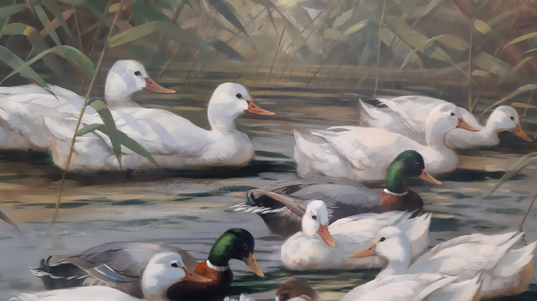 Detail g: Hubert Kaplan, geb. 1940 in München, Enten auf dem See, 11 Enten und 7 Küken, Öl/Lwd, links unten signiert und dat. 92, ca. 60x80cm, R. ca. ...